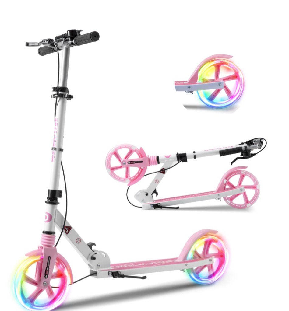 welmotive kick scooter for kids ages 6+ teens & adults, with front handbrake and rear brake, and adjustable handlebars, big sturdy pu flash wheels great gift & toy