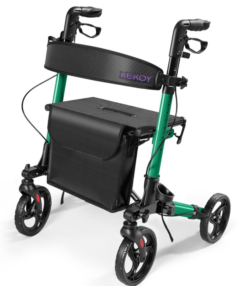 kekoy foldable mobility rollator walkers for seniors with seat 350 lb, adjustable handles and backrest height, fsa eligible adult aluminum rolling mobility walker, 8" big wheels, green
