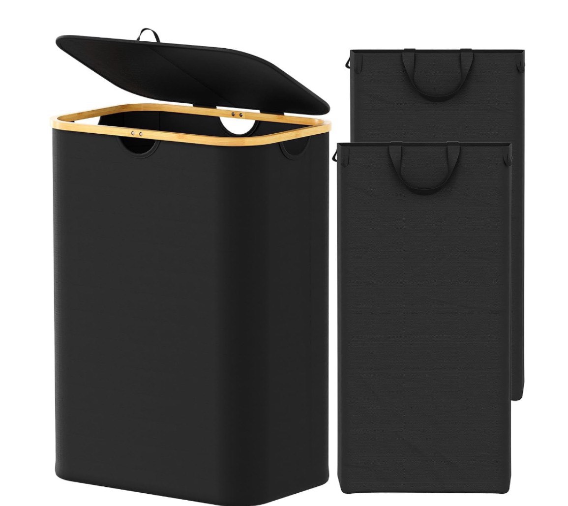 spaceaid double laundry hamper 2 section with lid and removable laundry bags 160l clothes basket with bamboo handles large collapsible hamper for bedroom bathroom dorm laundry room - black