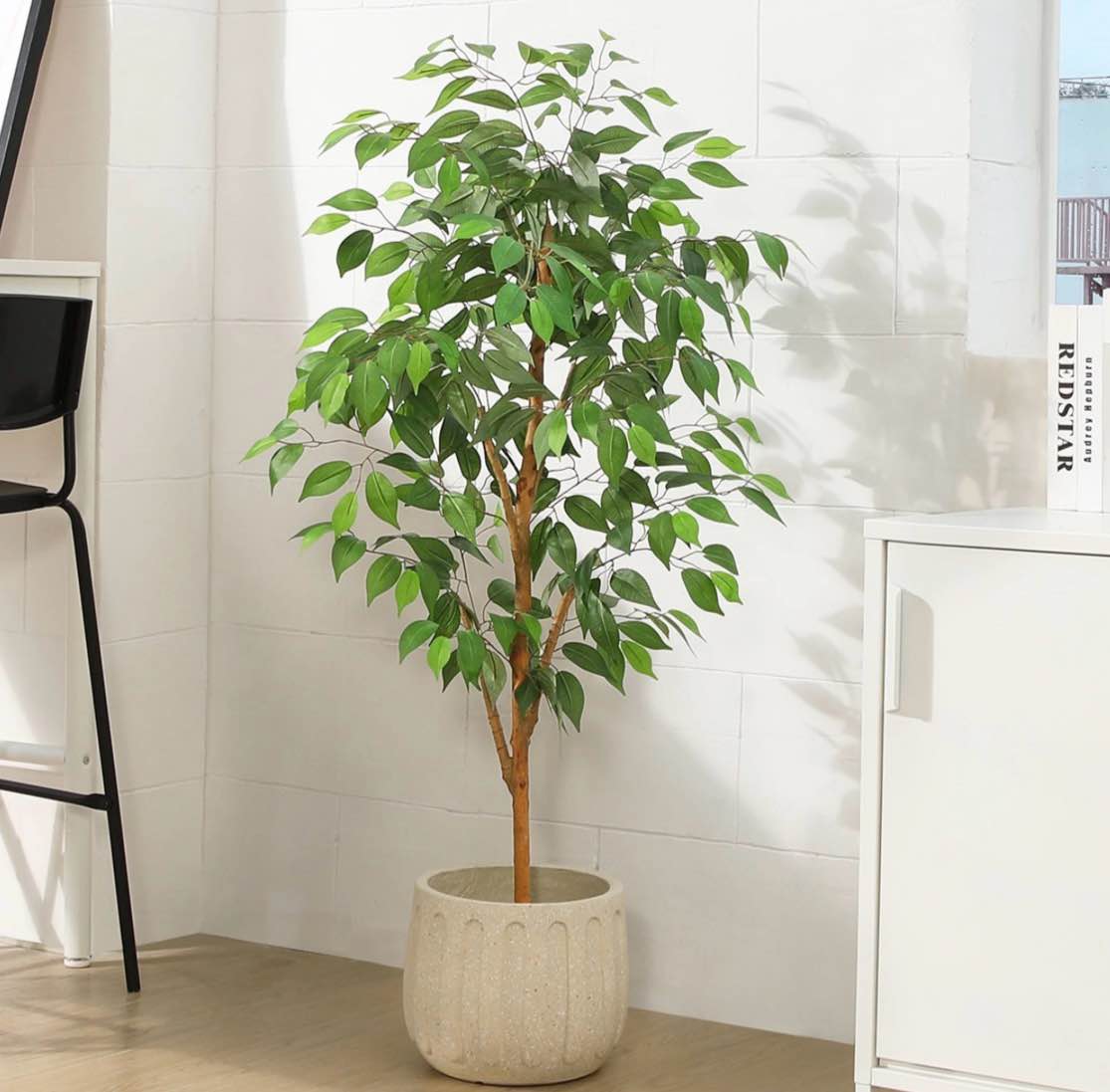 4ft artificial ficus tree with natural wood trunk and lifelike leaves, silk fake potted tree with wood branches, faux tree for office home decor
