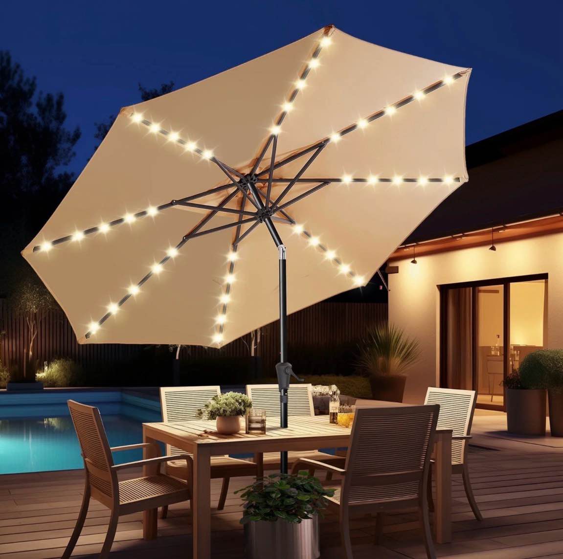 9ft solar polyester 32 led lighted patio umbrella with tilt adjustment and uv-resistant fabric,for garden,deck,backyard,pool and beach