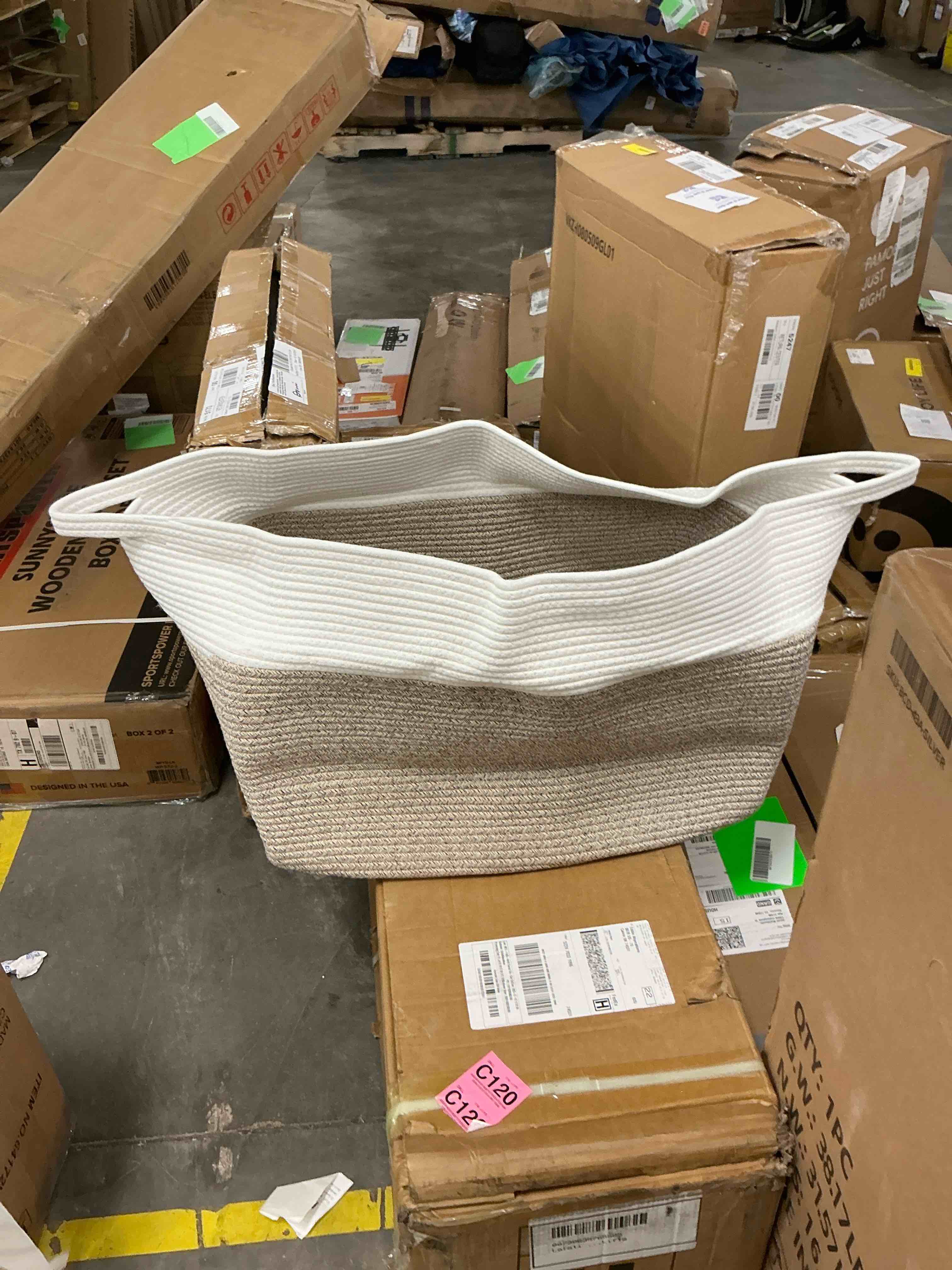Condition photo showing New/Like New for timeyard 106l large blanket basket, cotton rope storage basket for living room and bedroom, woven baskets for nursery toy baskets 24.9" x 15.9" x 15.9" white & light brown
