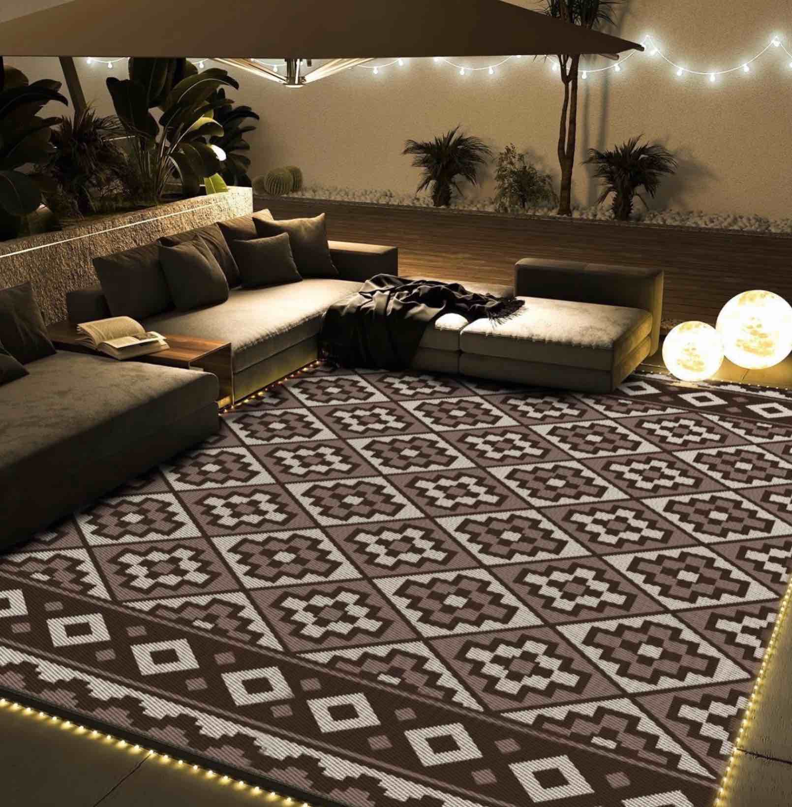 sixhome outdoor rug with led strip light 9 x12  waterproof reversible patio rug modern lightweight plastic straw indoor outdoor rug for rv camping deck balcony porch boho patio decor brown and beige