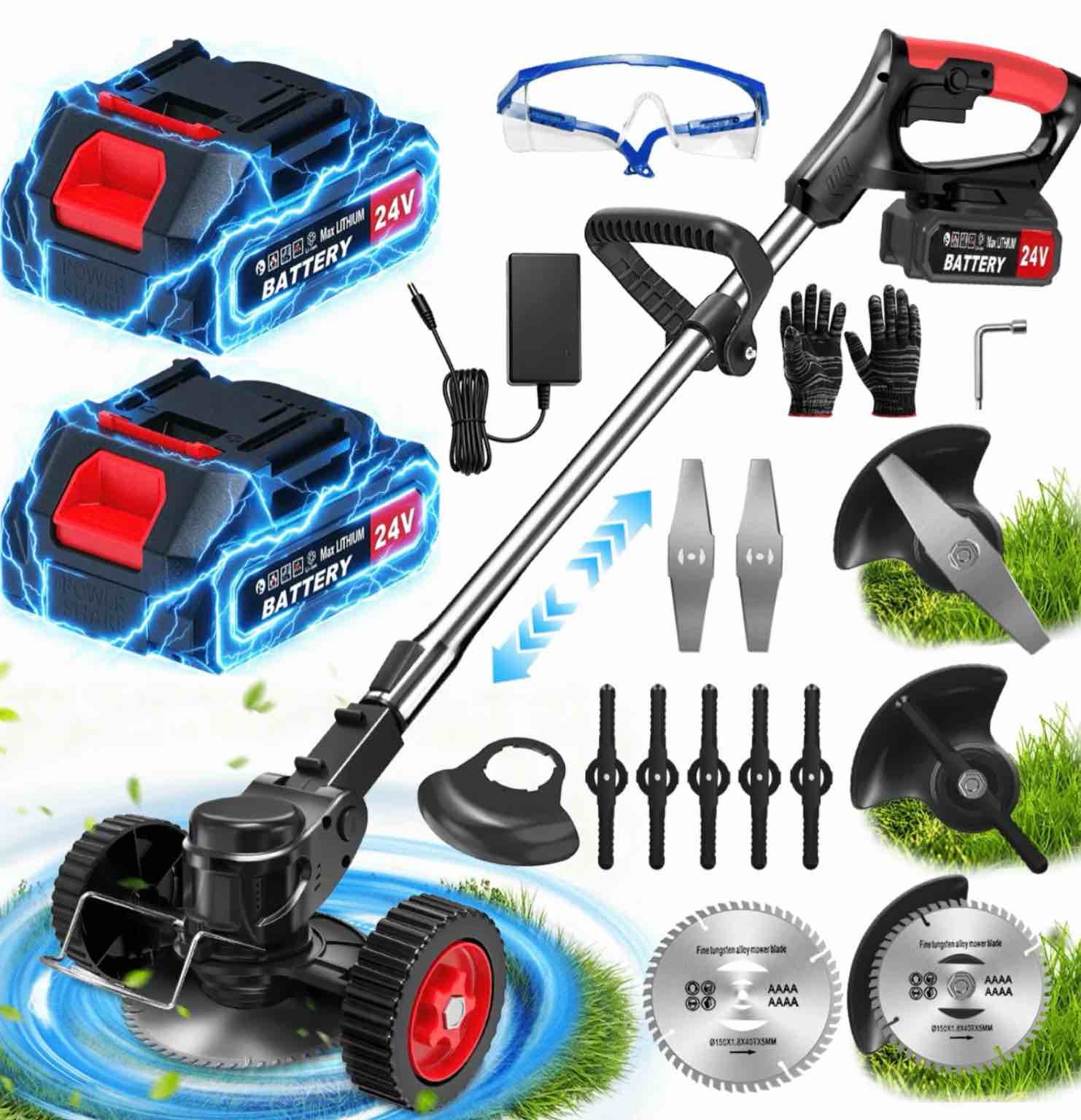tntants electric weed wacker cordless string trimmer with wheels 2pcs 24v batteries 3 types of blades adjustable length weed eater grass trimmer/edger/brush cutter for lawn yard garden (red)