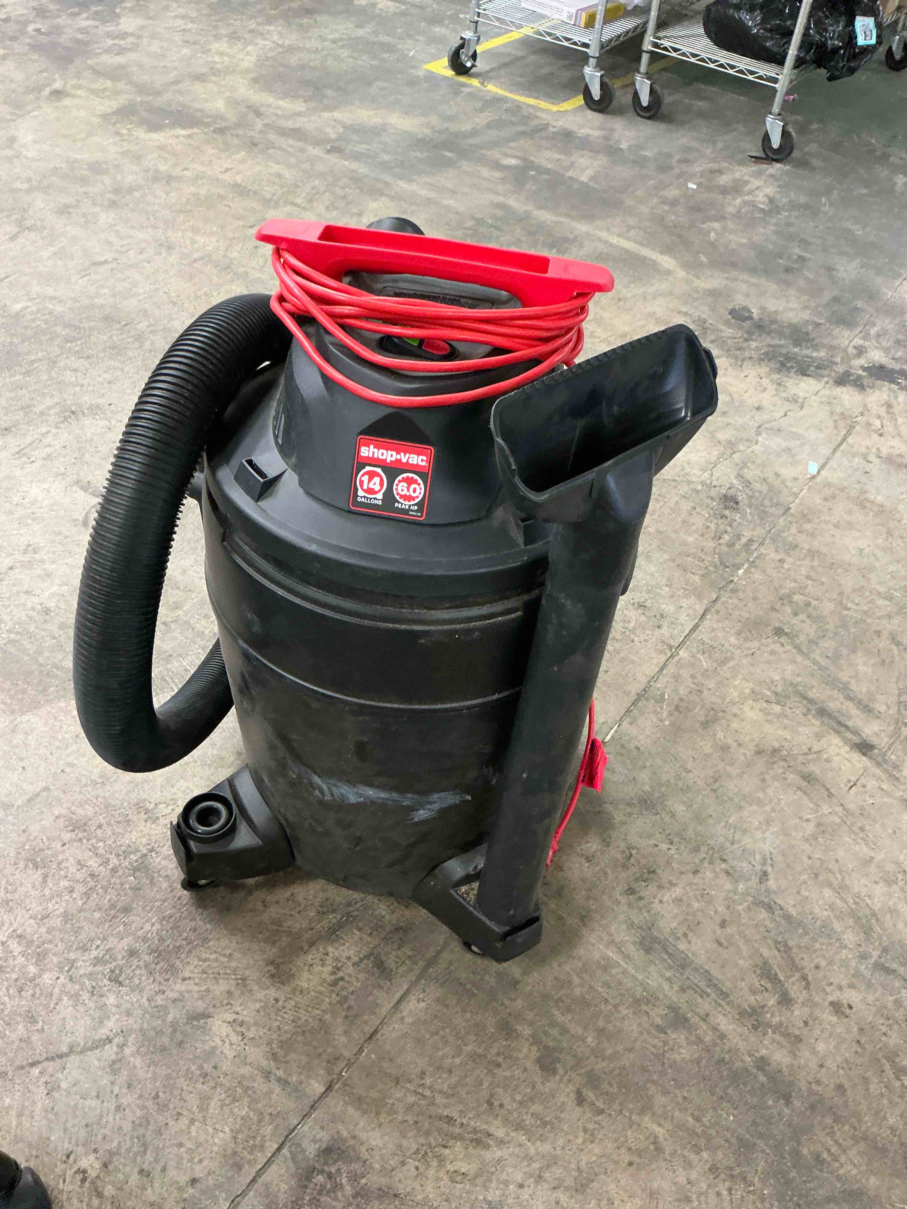 Condition photo showing As Is for shop-vac 14-gallon 6 hp corded wet/dry shop vacuum