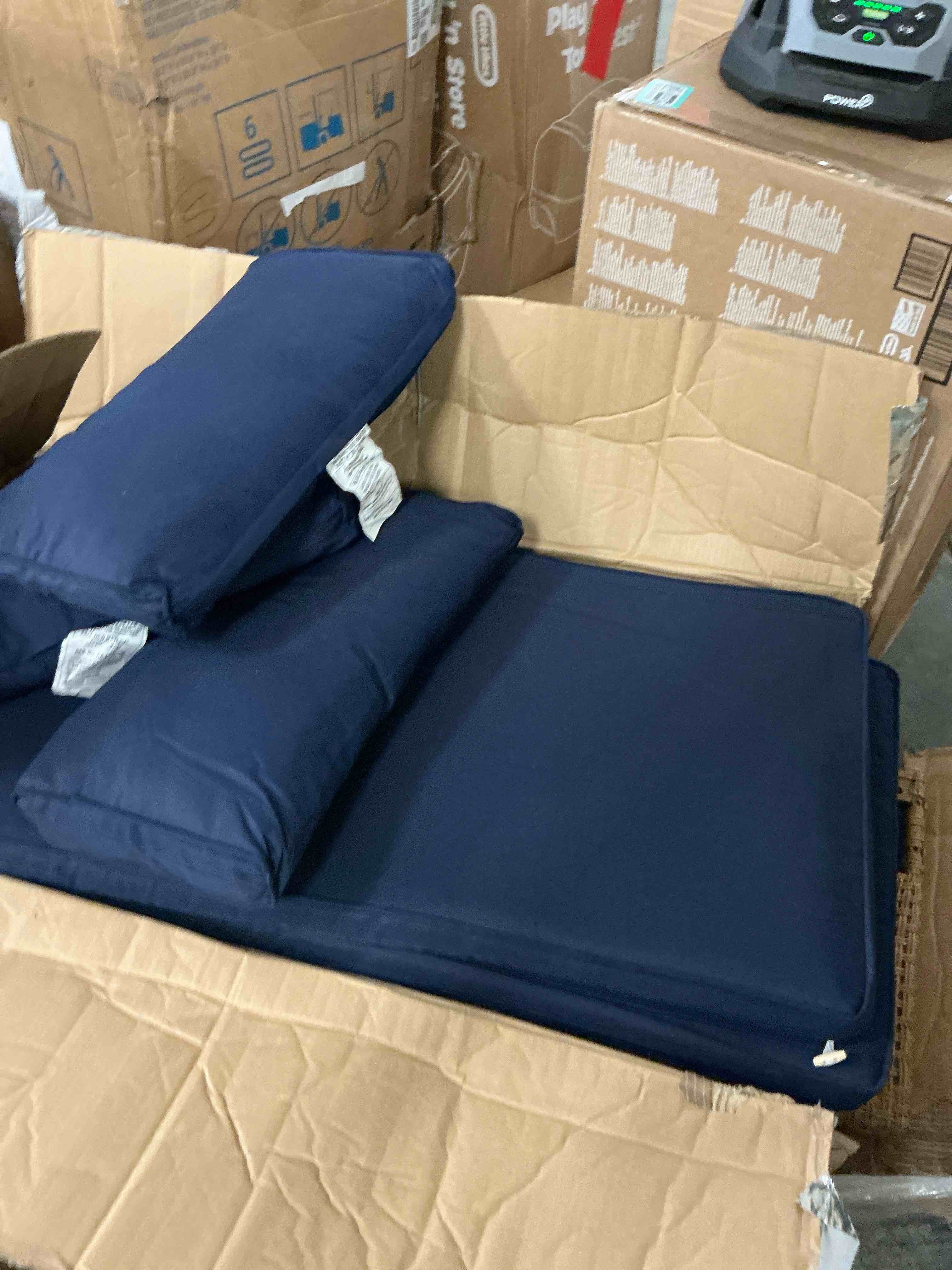 Condition photo showing Good Condition for alpha joy 3 pieces wicker patio furniture conversation set boho style outdoor sofa with coffee table and navy blue cuchions