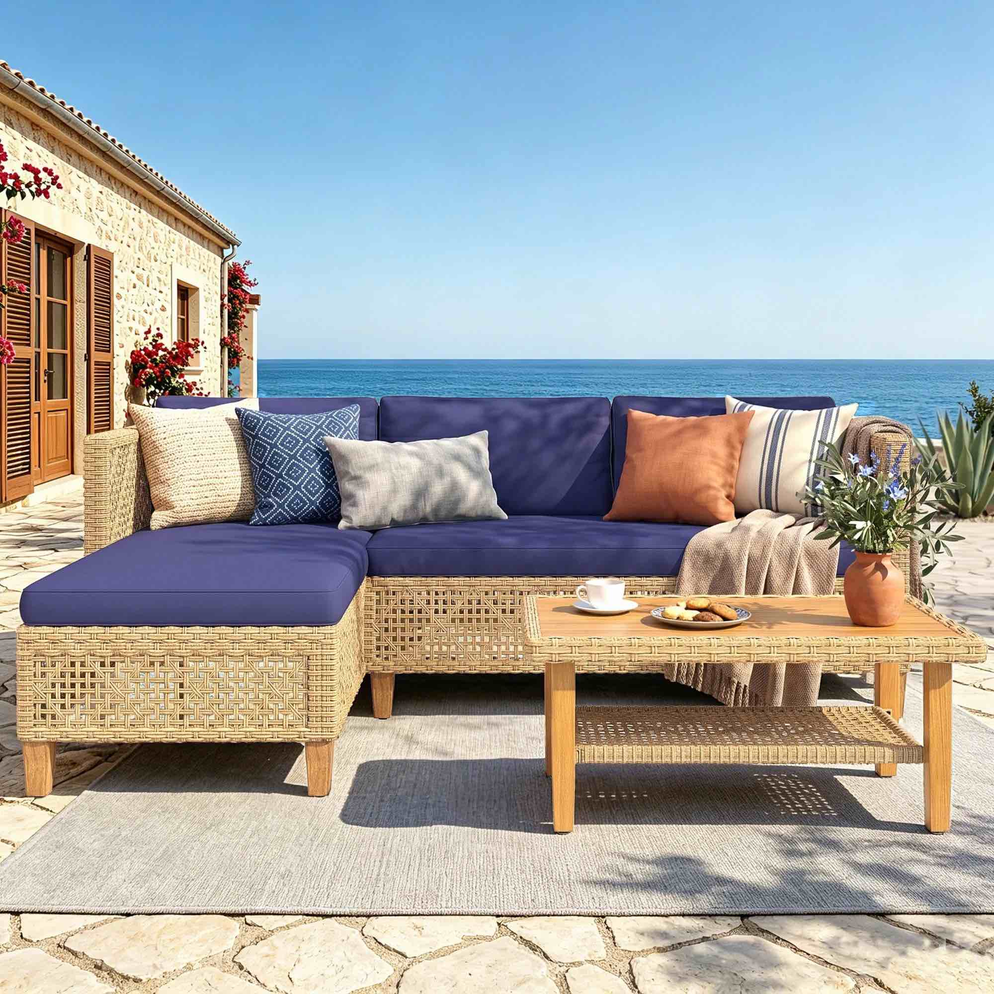 alpha joy 3 pieces wicker patio furniture conversation set boho style outdoor sofa with coffee table and navy blue cuchions