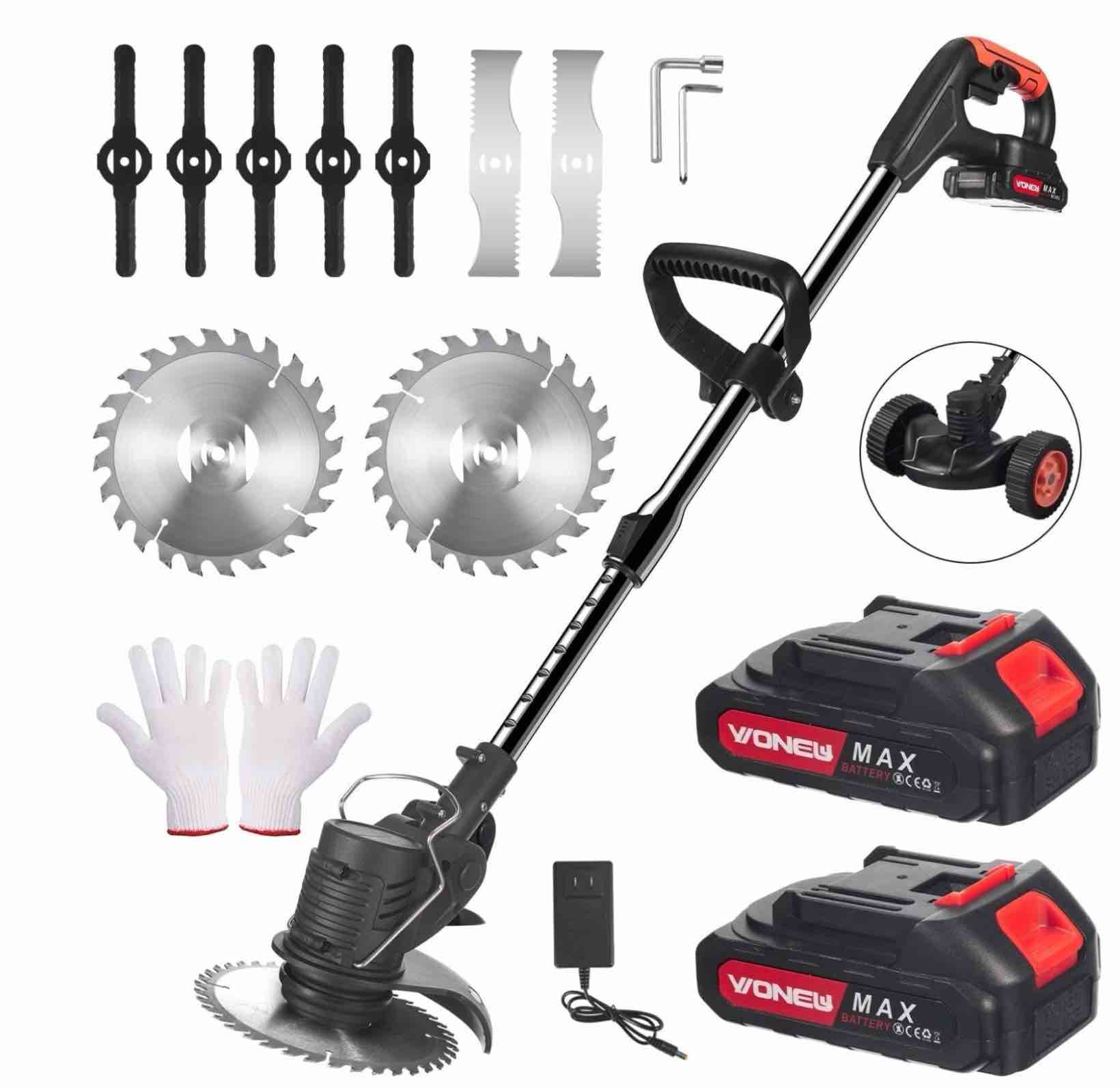 jllom electric weed eater, weed wacker 3 in 1 cordless push lawn trimmer with wheels weed eater tool with adjustable handle 3 function blades weed eater brush cutter for yard and garden