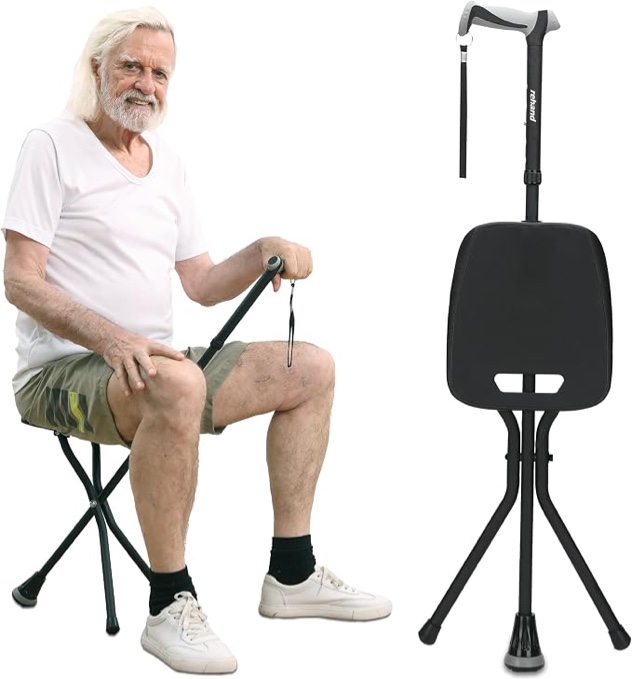 rehand walking cane with seat,lightweight foldable, adjustable, collapsible canes with stool for men & women, heavy duty all terrain tip, portable walking stick chair for seniors & adults