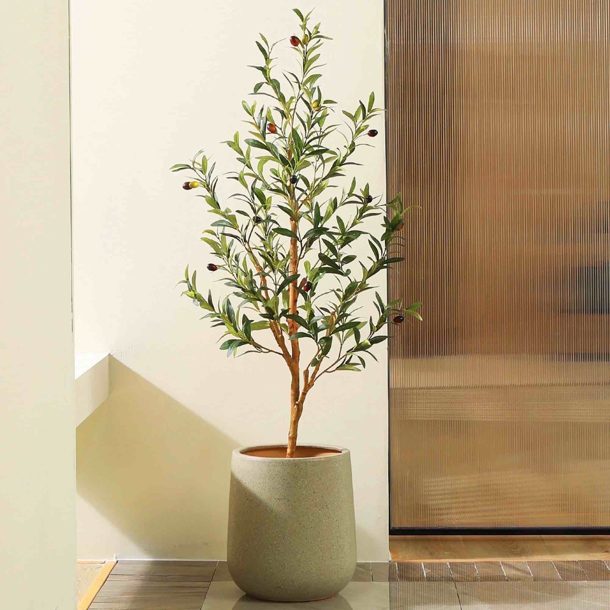 dr.planzen 4ft artificial olive tree indoor, faux olive tree, artificial plants with natural wood trunk and lifelike fruits for home office decor