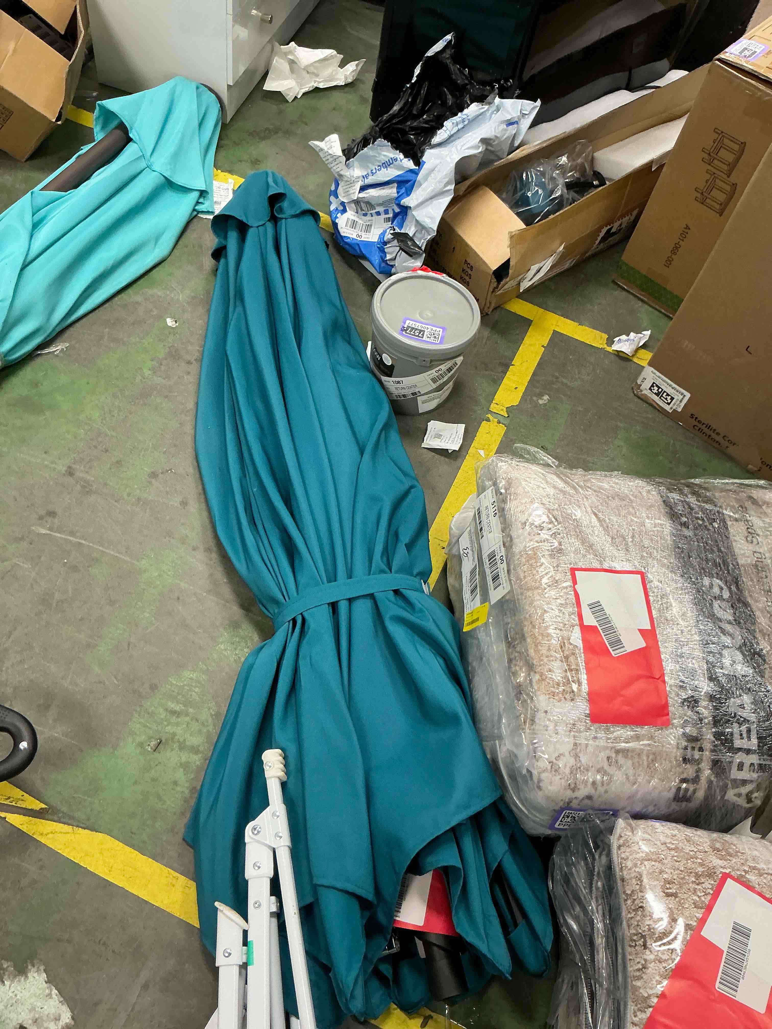 Condition photo showing As Is for mainstays outdoor 9' teal round market patio umbrella, crank lift, 3-angle tilt