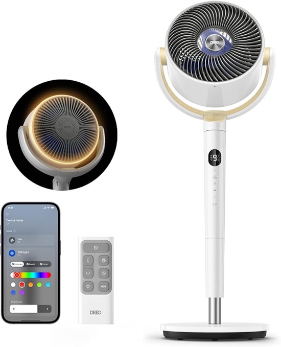 dreo smart fan for bedroom 120° +120° omni-directional oscillating fans 90ft quiet pedestal fan with rgb light 9 speeds 6 modes 20db 8h timer