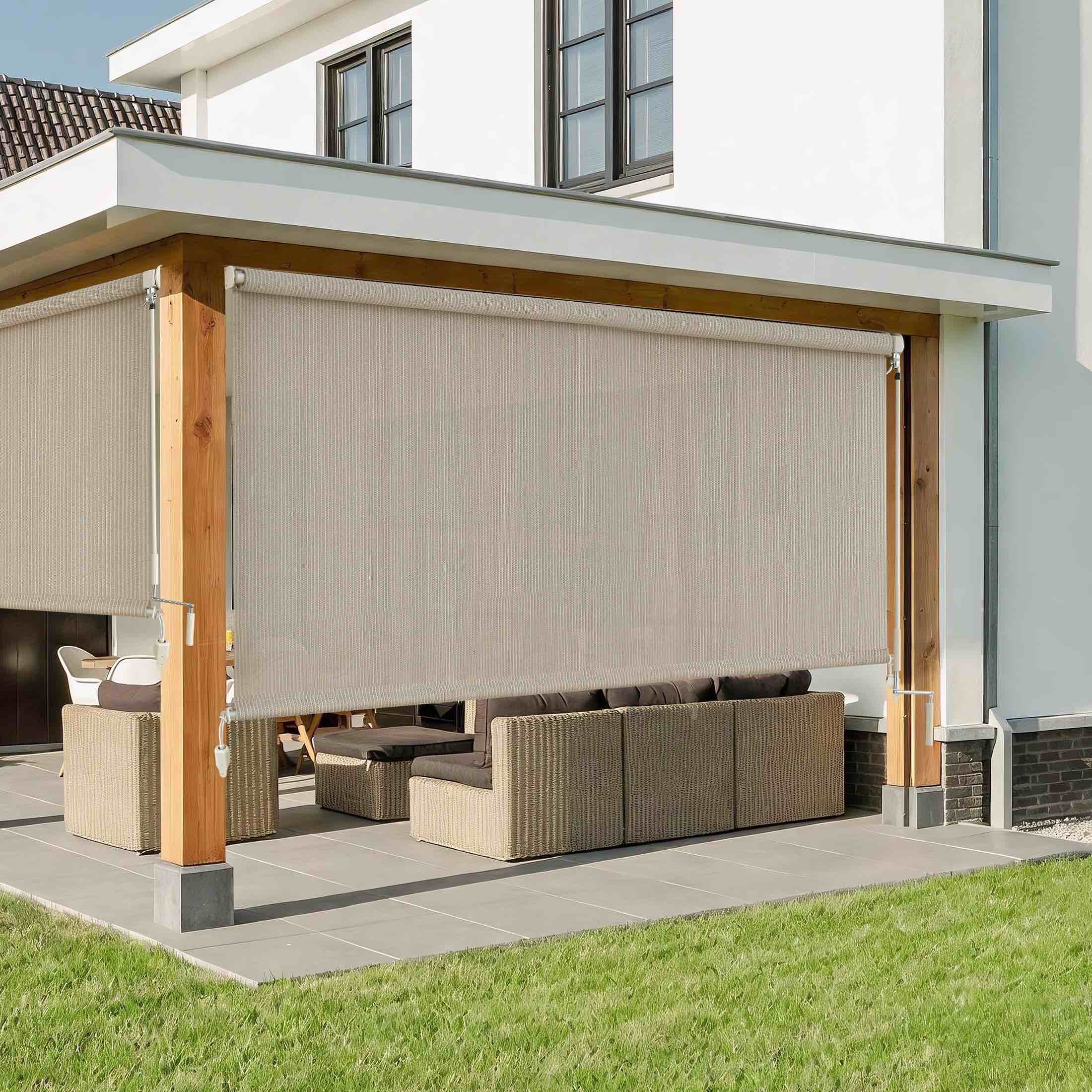 aosky cordless outdoor roller shades uv block sunshades for patio roll up blinds for porch pergola balcony 72 w x 72 h sesame