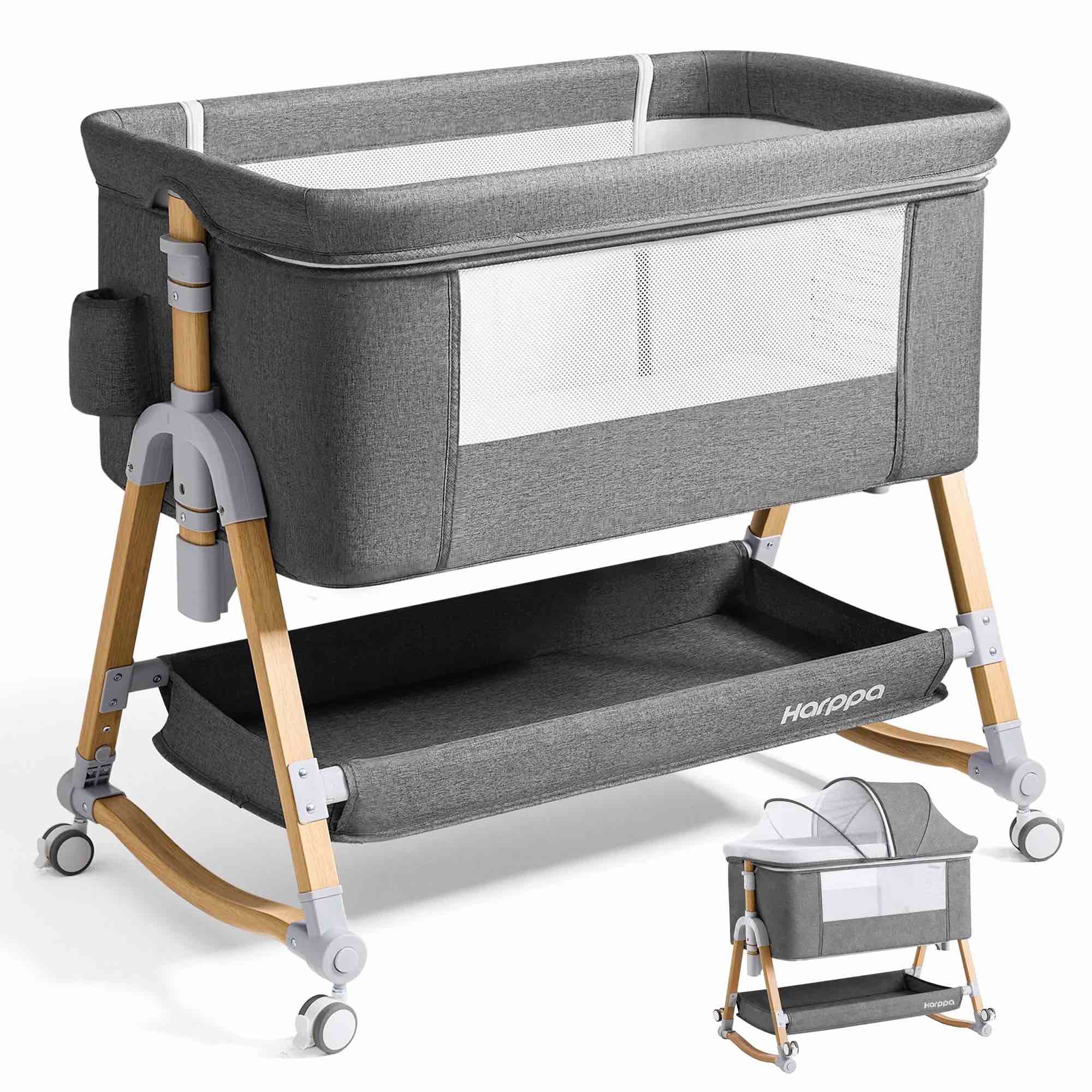 harppa 3 in 1 baby bassinet bedside sleeper height adjustable easy folding gray