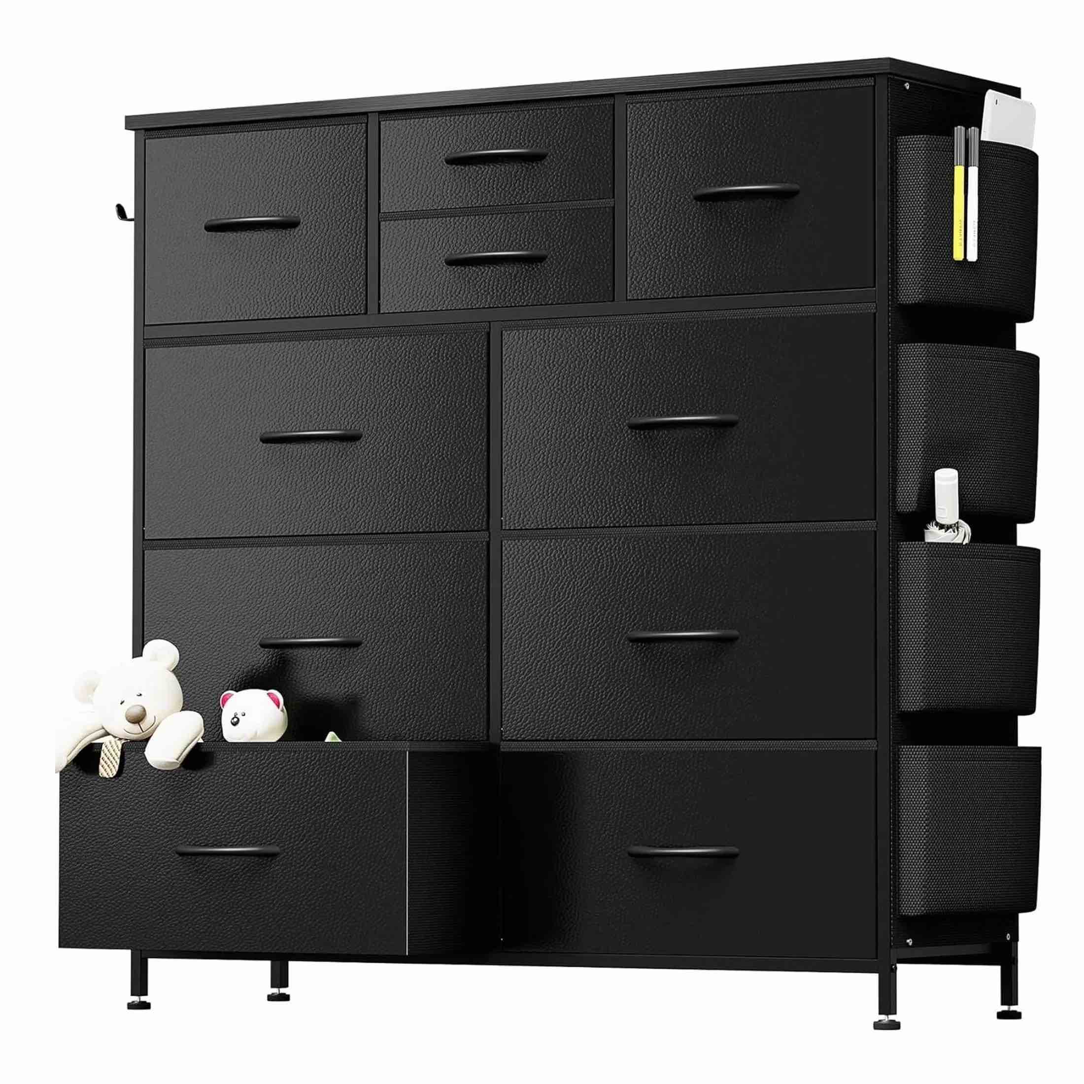 edx dresser storage with 10 drawers, fabric dresser tower with side bag, storage unit for bedroom, closet, office, black