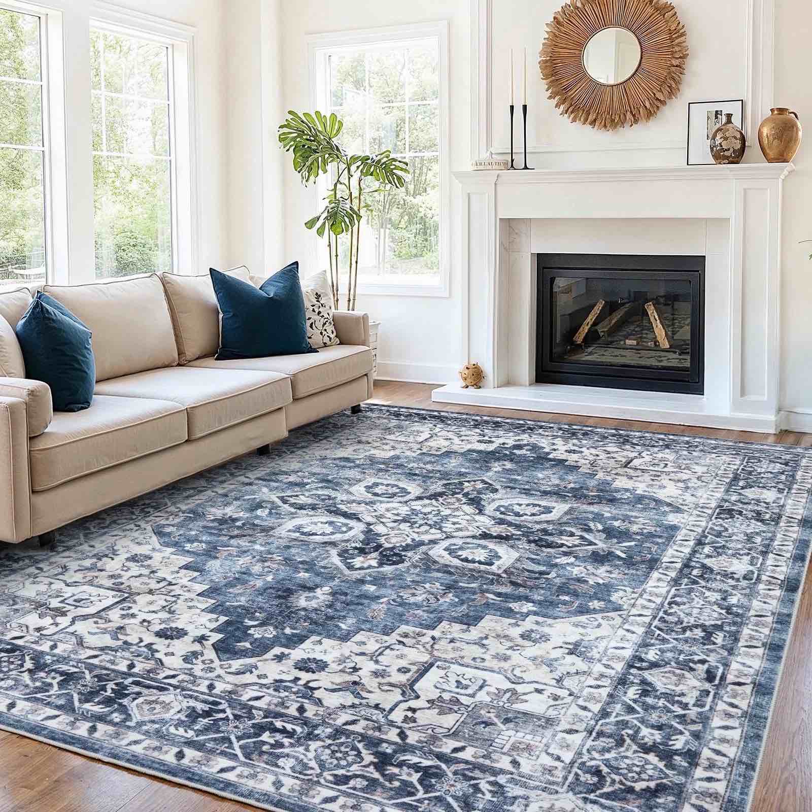 chitooma 8 x10 area rugs for living room machine washable rugs vintage area rug for bedroom dining room dorm office with non-slip backing stain resistant non-shed carpet blue