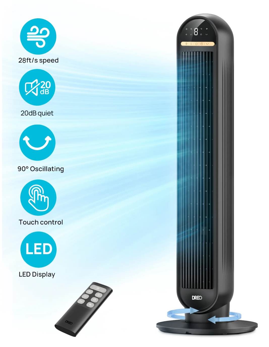 dreo 36 tower fan 20db ultra quiet fans for home 8 speeds & 4 modes 28ft/s powerful airflow 90° oscillating standing fan with remote 8h timer 2026 new upgraded