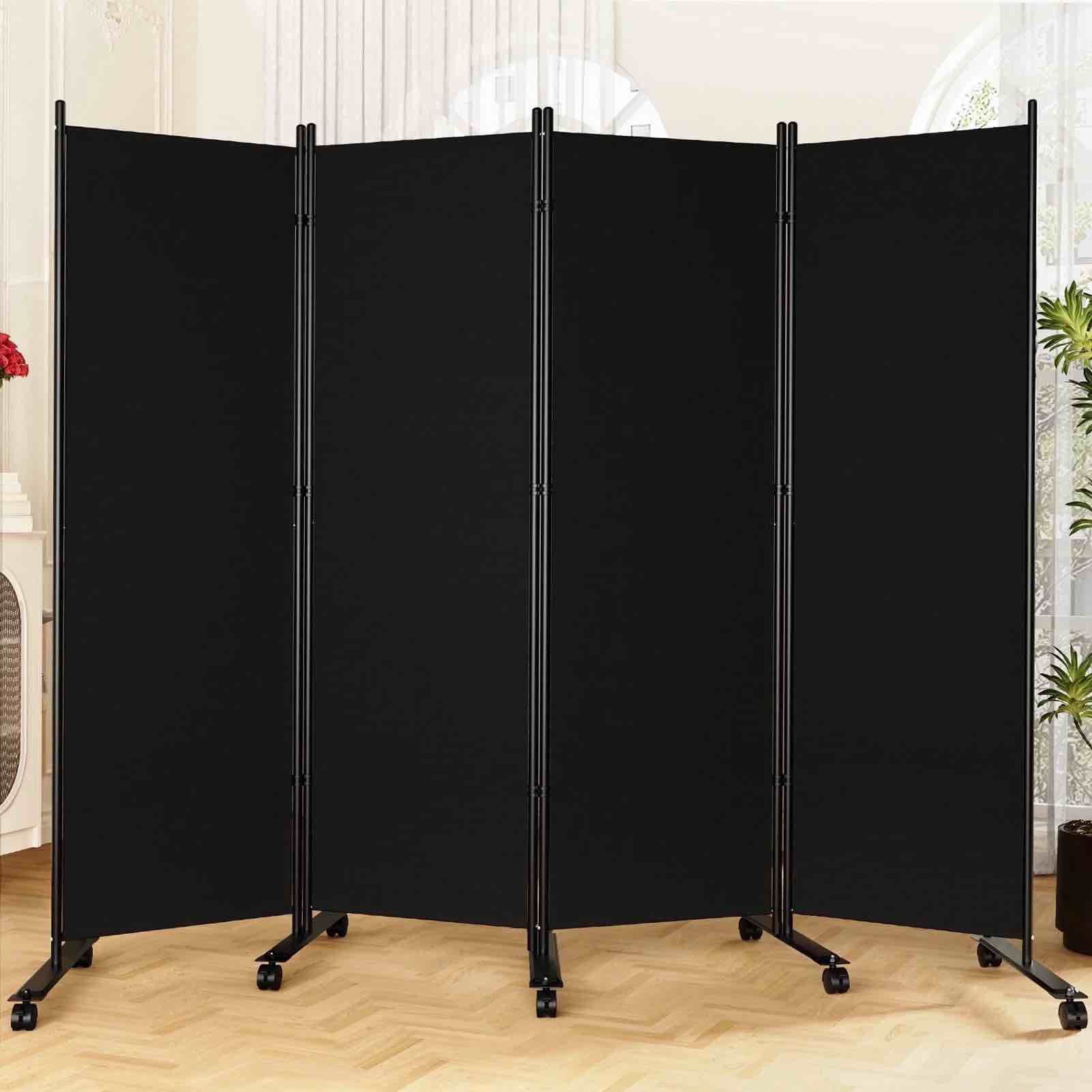 sunally rolling room dividers 6ft 4 panel folding privacy screens with lockable wheels 88 w portable wall divider room separation for porch living room dorm studio office black