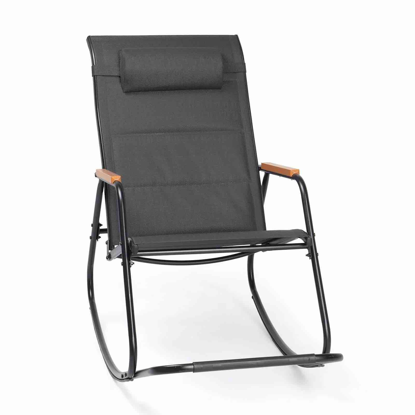 ktaxon outdoor rocking chair with padded headrest, footrest & plastic wood armrest, textilene seat, for patio, balcony, backyard, black