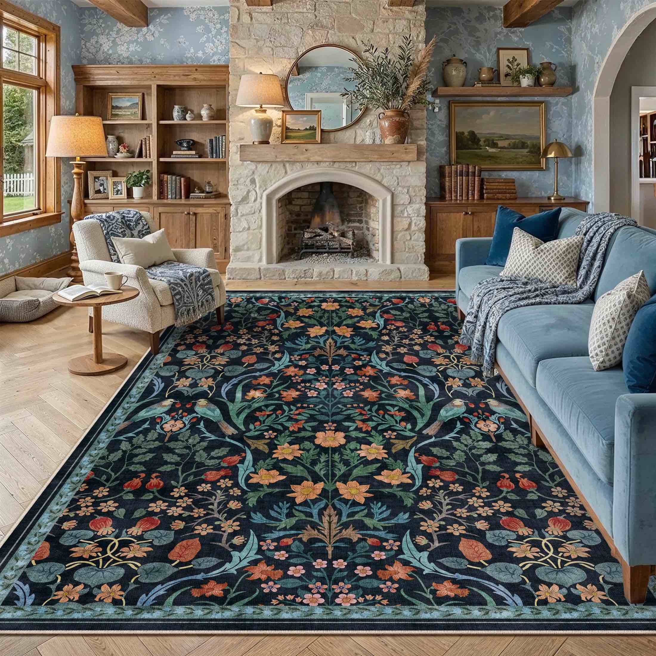 berthmeer large 8 x10 area rugs for living room rugs for bedroom kitchen office rugs vintage blue floral carpets machine washable farmhouse dining room oriental flower non slip rugs multicolor
