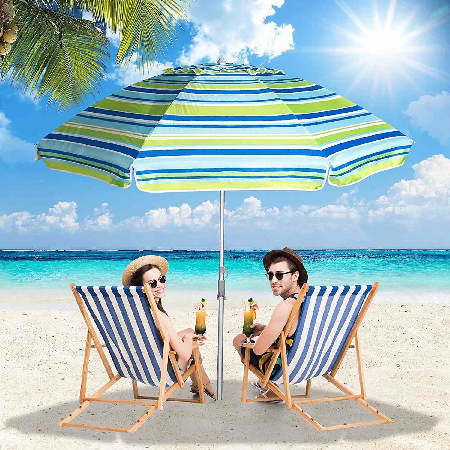 7 ft beach umbrella for sand with tilt/sand anchor/carry bag/ stripe blue and green uv 50+ upf 100+