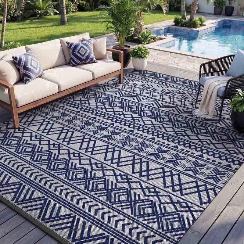 sixhome outdoor rug 9'x12' waterproof reversible patio rug boho geometric indoor outdoor rugs lightweight plastic straw ourdoor carpet for rv camping deck balcony modern porch decor blue and gray