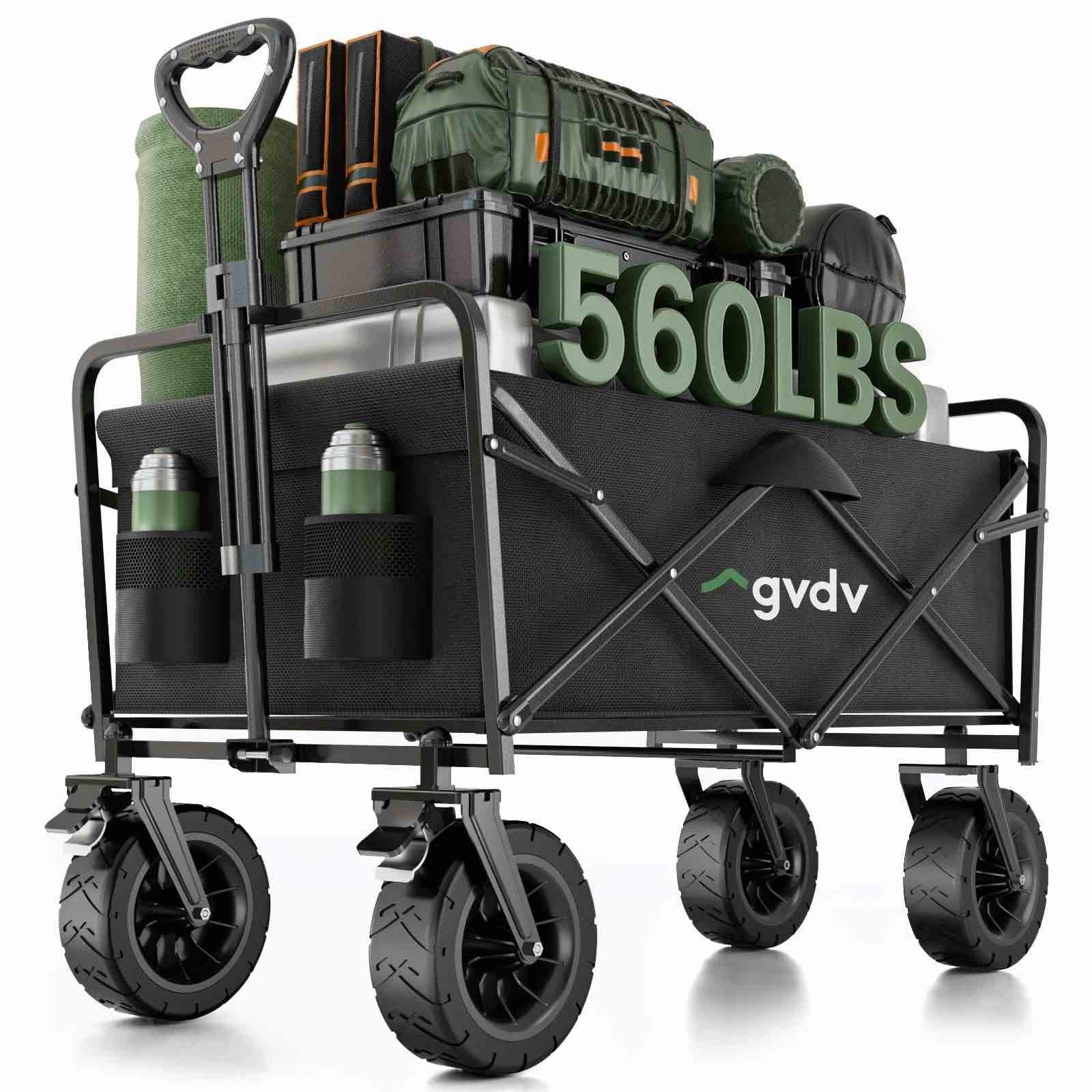 gvdv collapsible folding wagon, 560lbs large heavy duty utility cart with all-terrain wheels and adjustable handles for shopping, camping, sports, outdoor, beach, blackw