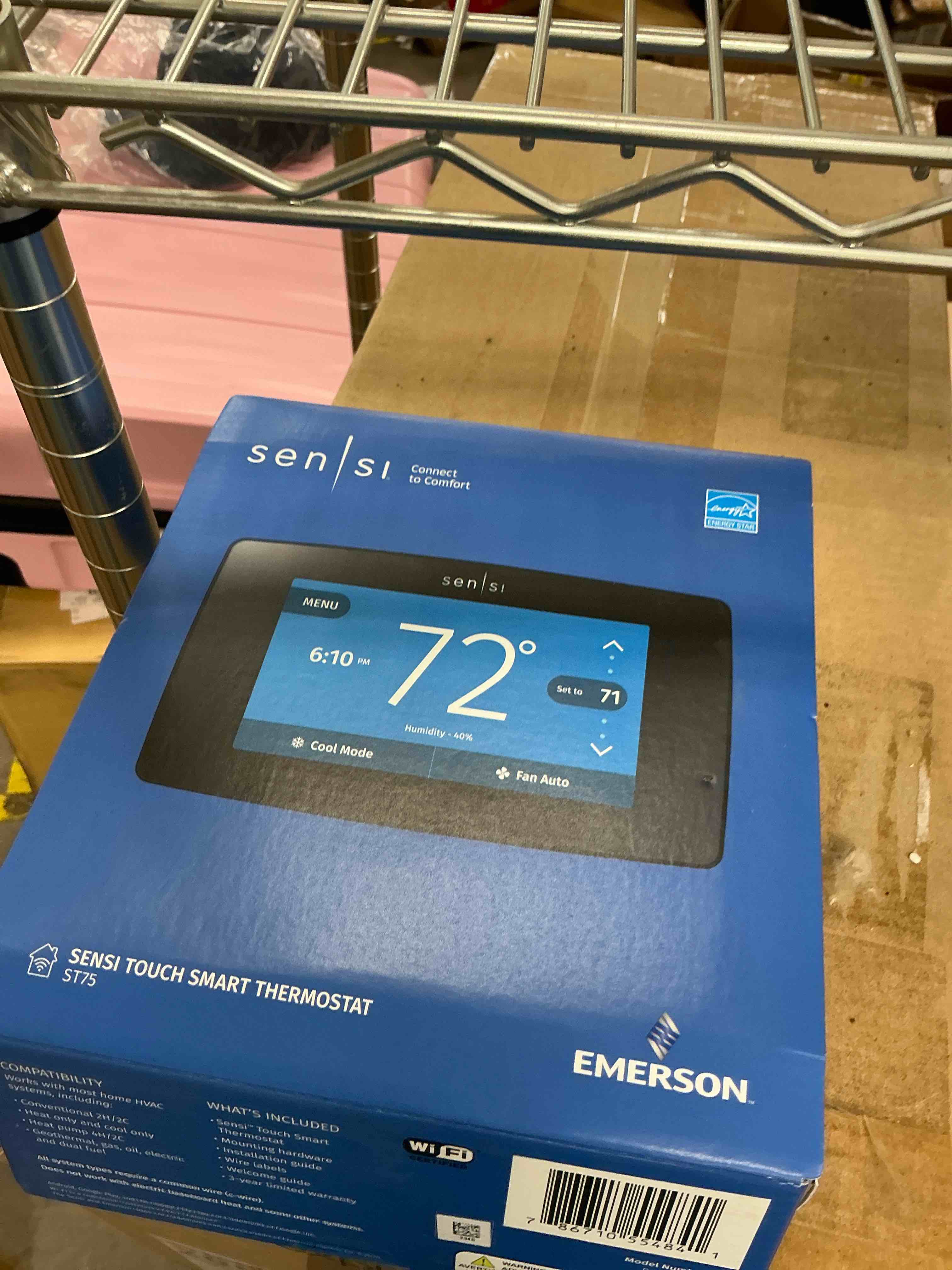 Condition photo showing New/Like New for emerson sensi touch wi-fi smart thermostat with touchscreen color display, works with alexa, energy star certified, c-wire required, st75 black 5.625" x 3.4" x 1.17"