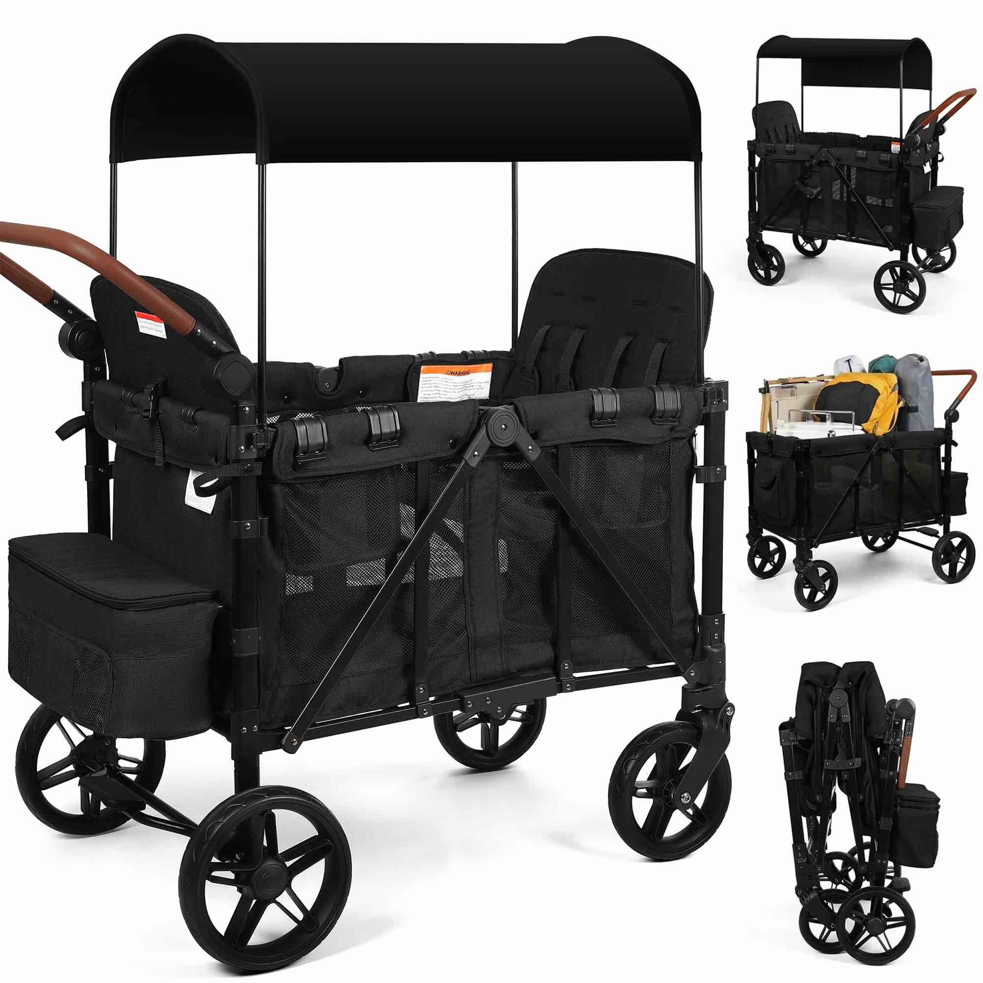 vomeast wagon stroller for 4 kids, 3-in-1 outdoor baby stroller wagon with canopy, 5-point harness, adjustable handlebars, removable seat for toddlers, black