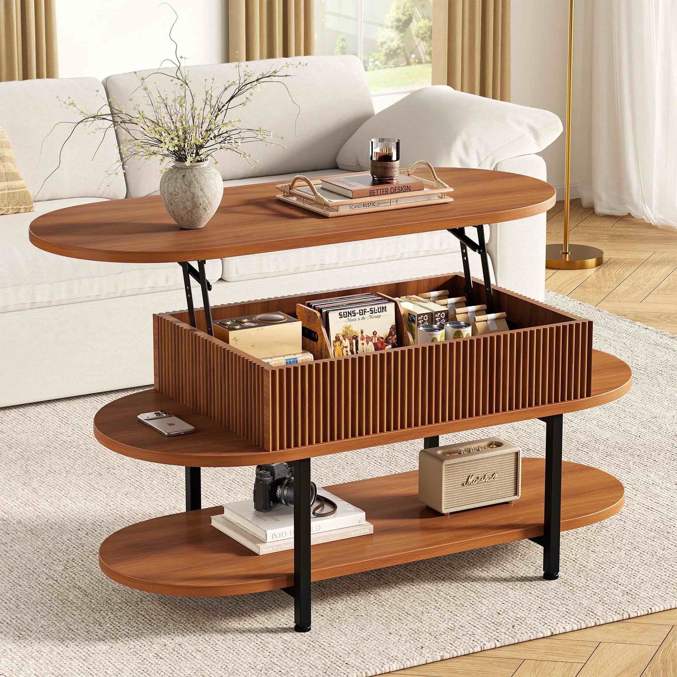 gunaito lift top coffee table with storage, modern farmhouse center table with shelf 3 tier for living room, walnut