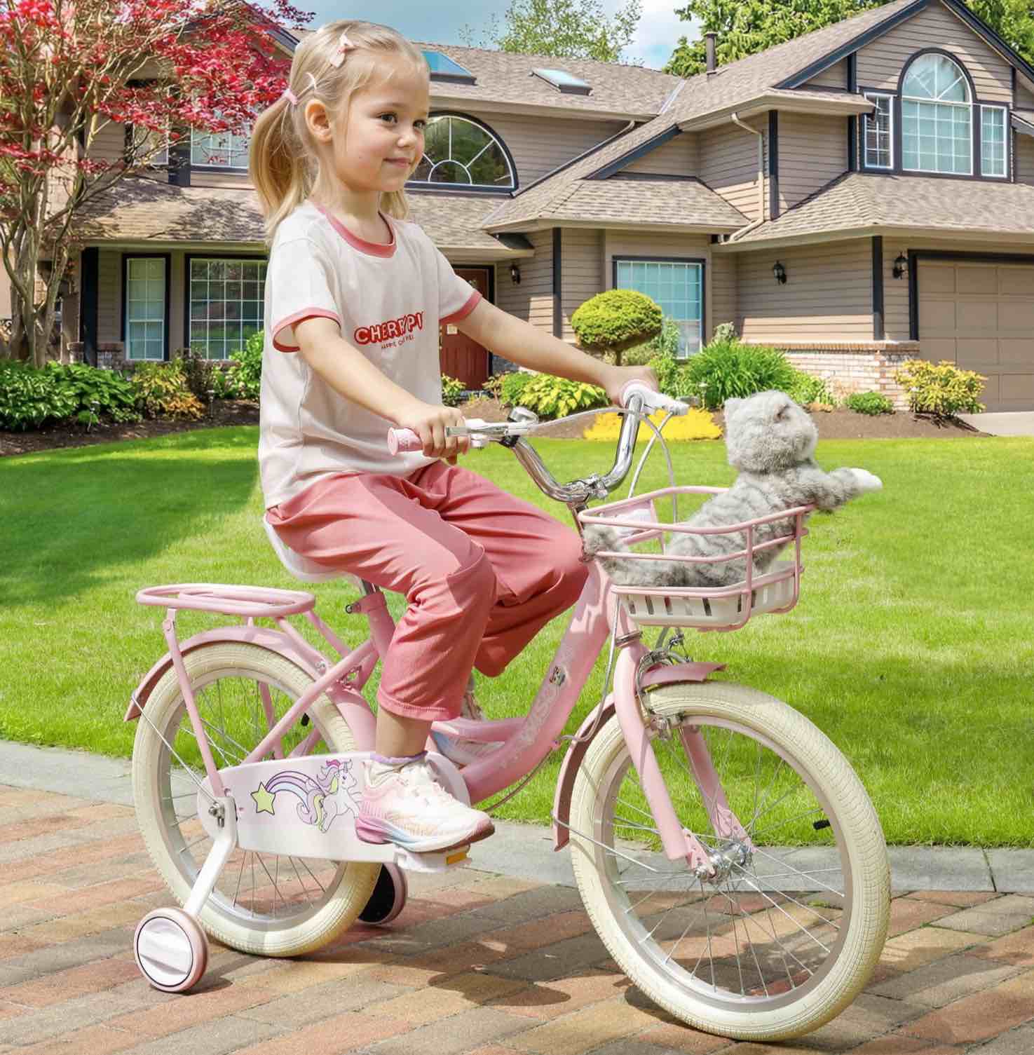 16/18 inch bike kids bicycle with basket, girls bikes ages 5-10, kids bicycles with front and rear brakes, kid bike with training wheels, kickstand, rear seat