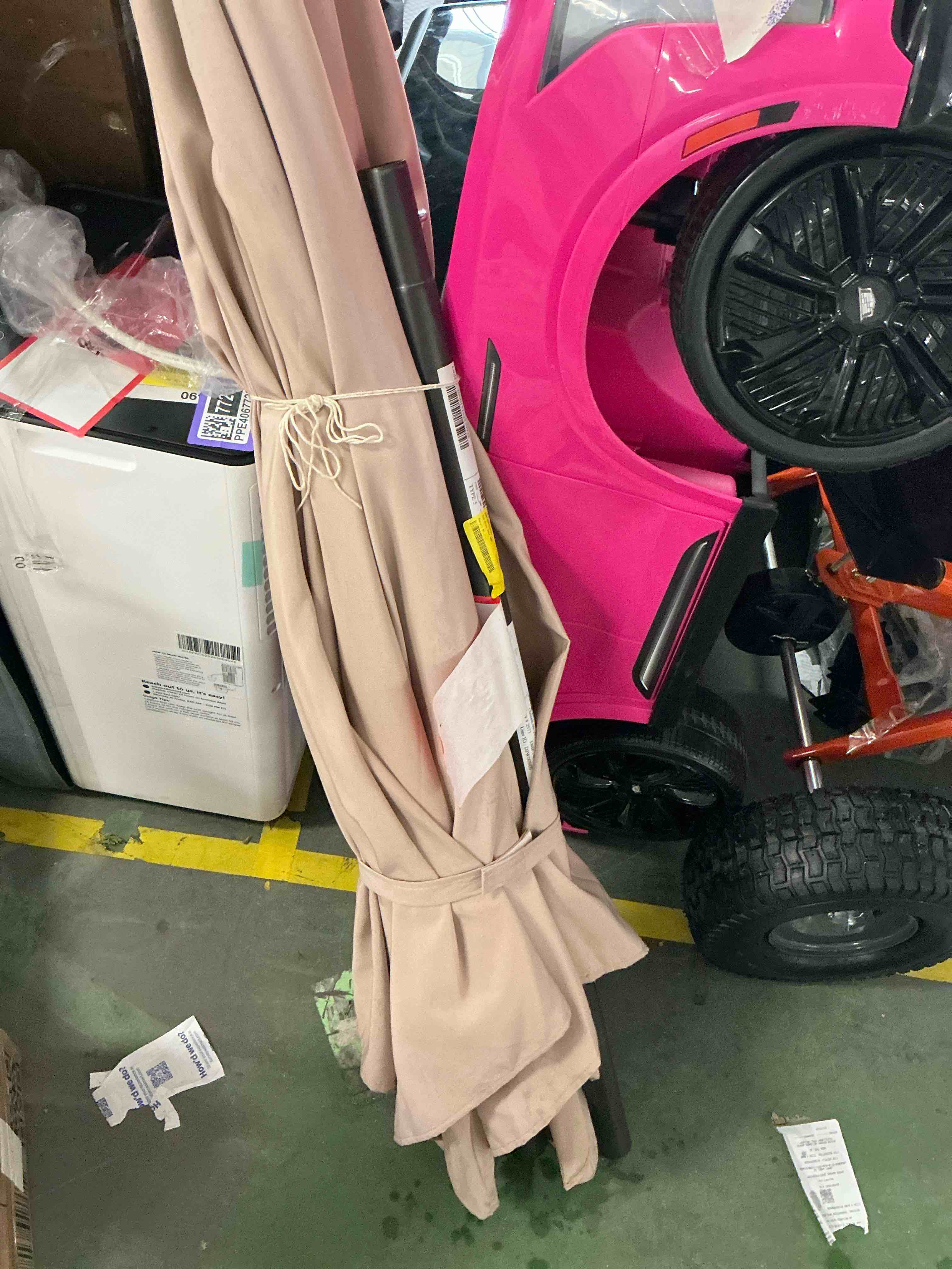 Condition photo showing As Is for 9ft beige outdoor patio solar umbrellas, sturdy ribs with tilt and crank for table garden market and poolside