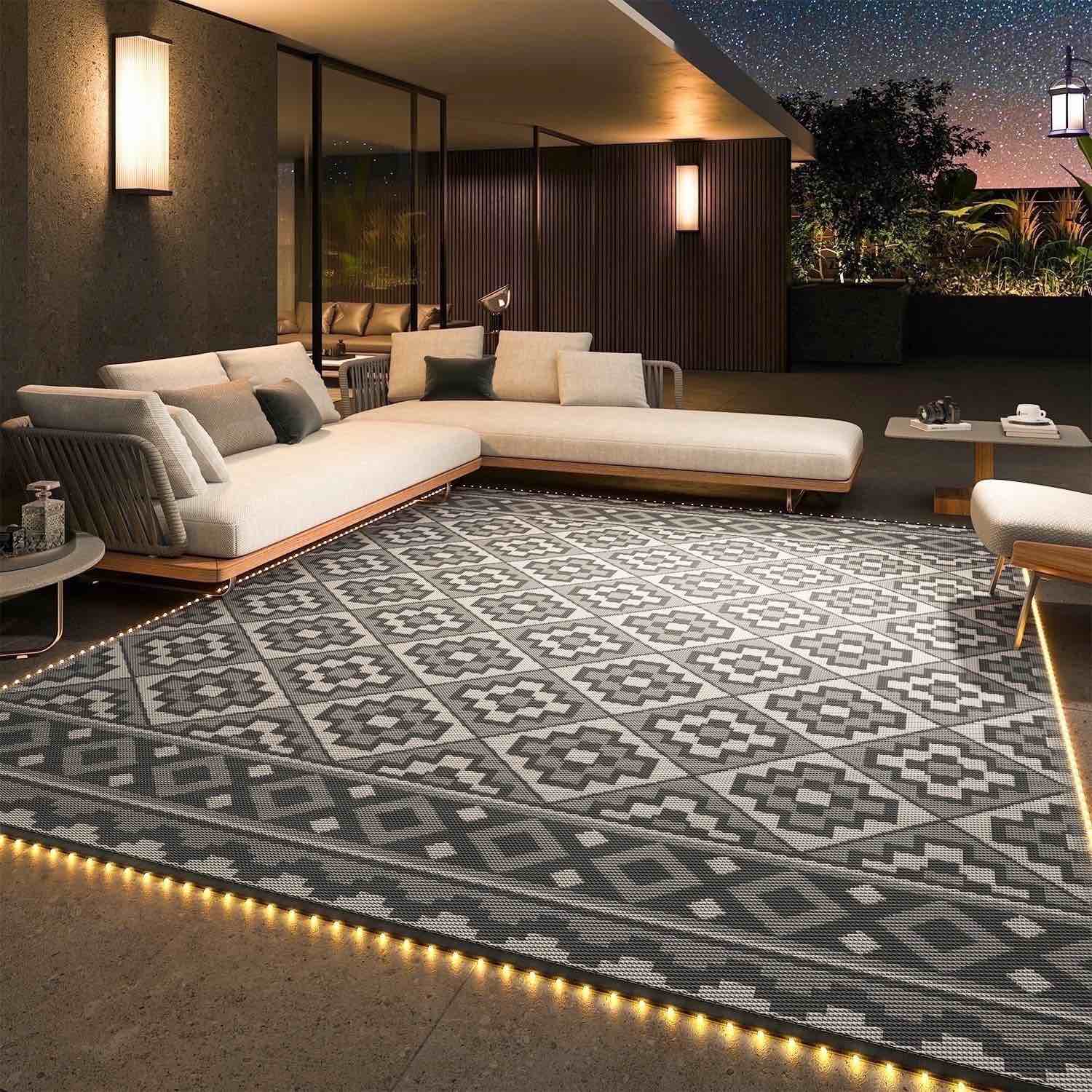 sixhome outdoor rug with led strip light 9 x12  waterproof reversible patio rug modern lightweight plastic straw indoor outdoor rug for rv camping deck balcony porch boho patio decor light gray