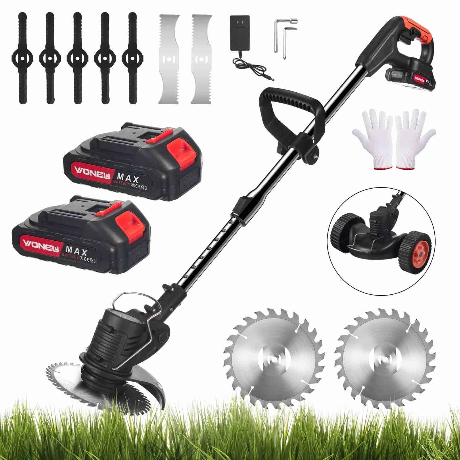 teblint 650w electric weed wacker cordless string trimmer weed eater grass trimmer/edger/cutter with wheels 2pcs 21v batteries 5 types of blades
