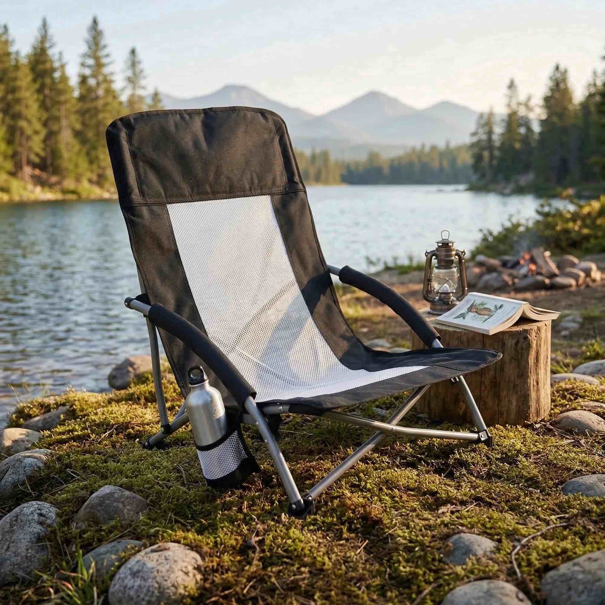 edx low profile camping chair portable folding beach chair w/ bag - heavy duty breathable for outdoor, black