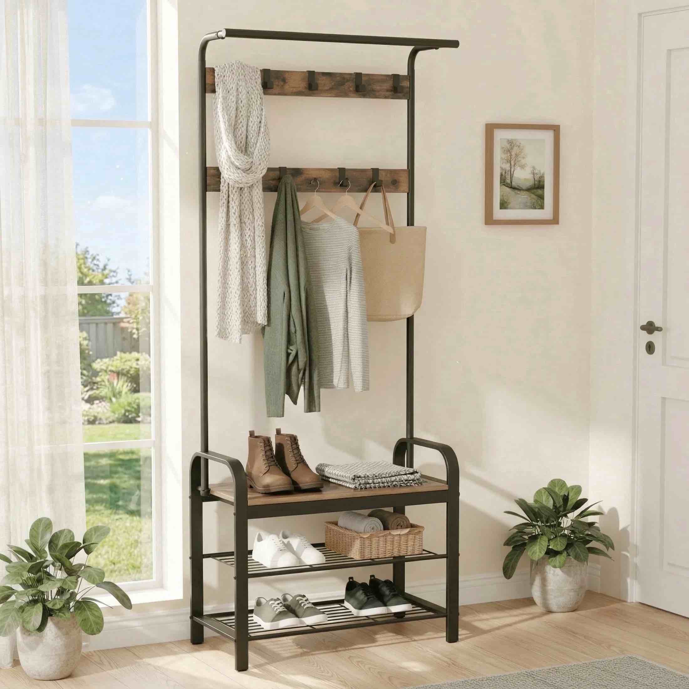edx 4-in-1 coat rack with shoe bench and hall tree, entryway bench with 10 removable coat hooks, sturdy steel & wood entryway organizer, anti-tip design, rustic