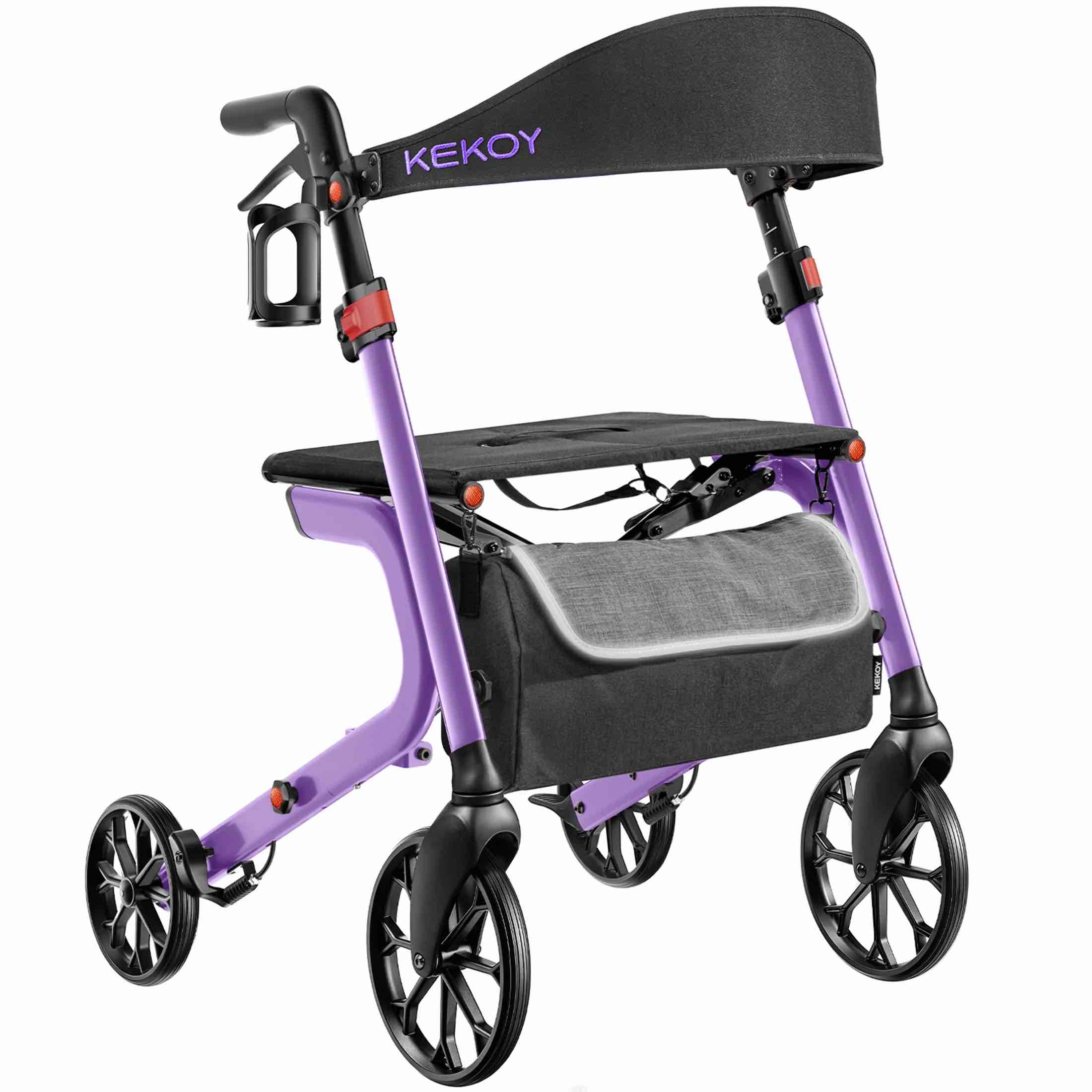 kekoy heavy-duty rollator walker with seat for seniors, walkers for seniors with seat, 500 lbs, extra-wide 19.5" padded, k-frame reinforced, 10" tpr all-terrain wheels, hidden brake cables, purple