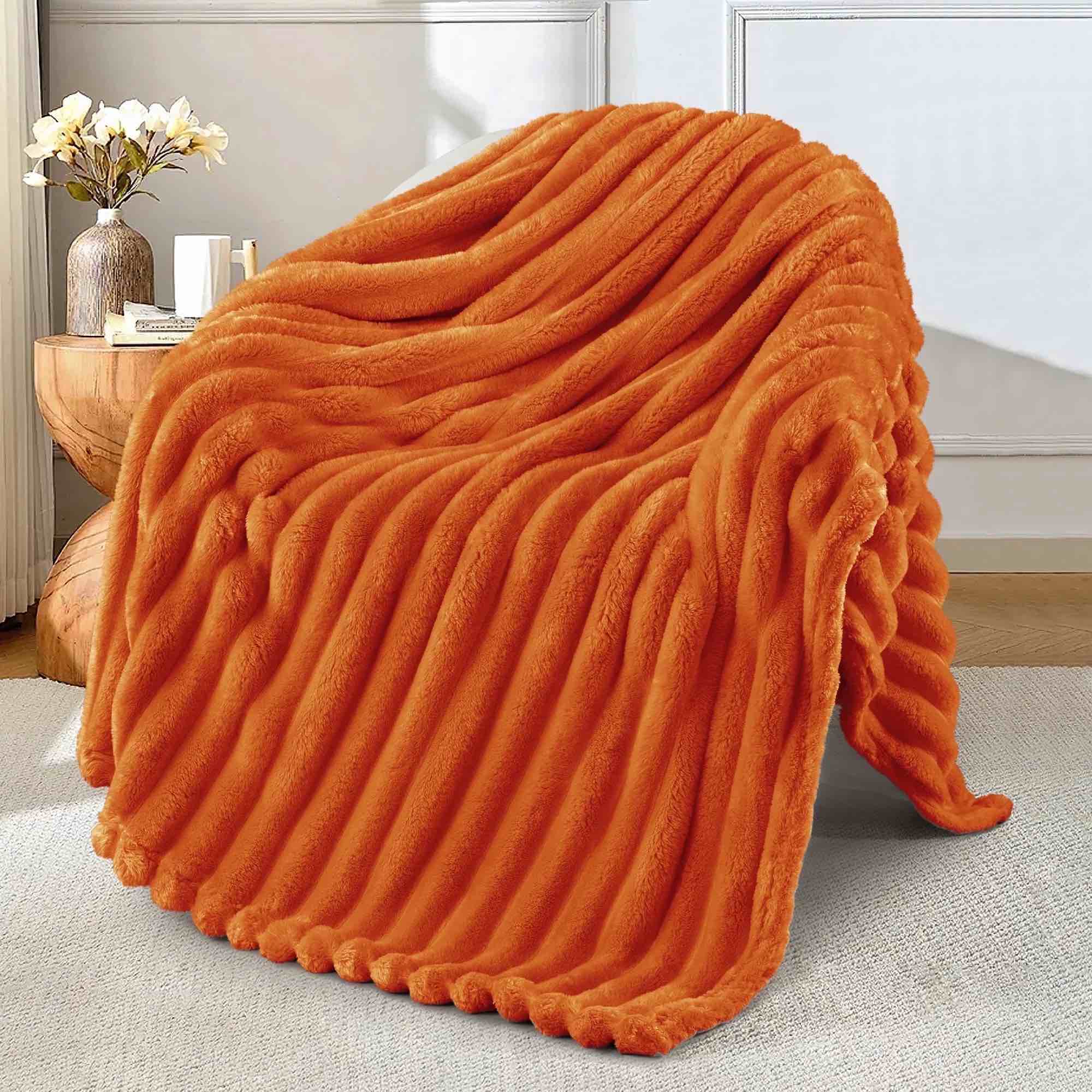 Exclusivo Mezcla Fleece Throw Blanket for Couch, Super Soft 3D Striped Jacquard Blanket, Lightweight Fuzzy Cozy Blankets, Burnt Orange, 50"x60"