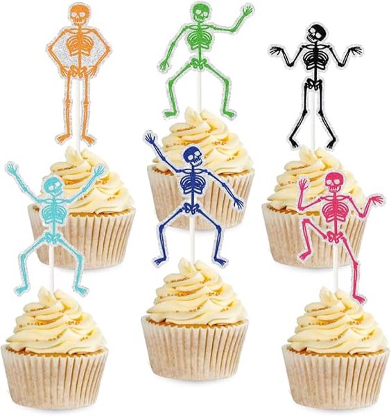 Halloween Skeleton Cupcake Toppers - 18pcs Colorful Skull Party Cupcake Picks - Happy Halloween Nigh
