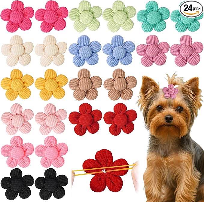 Yxiang Flower Dog Bows Ties, 4 Sunflower Bows Puppy Dog Hair Bows Handmade Hair Accessories Bow Pet Grooming with Rubber Bands