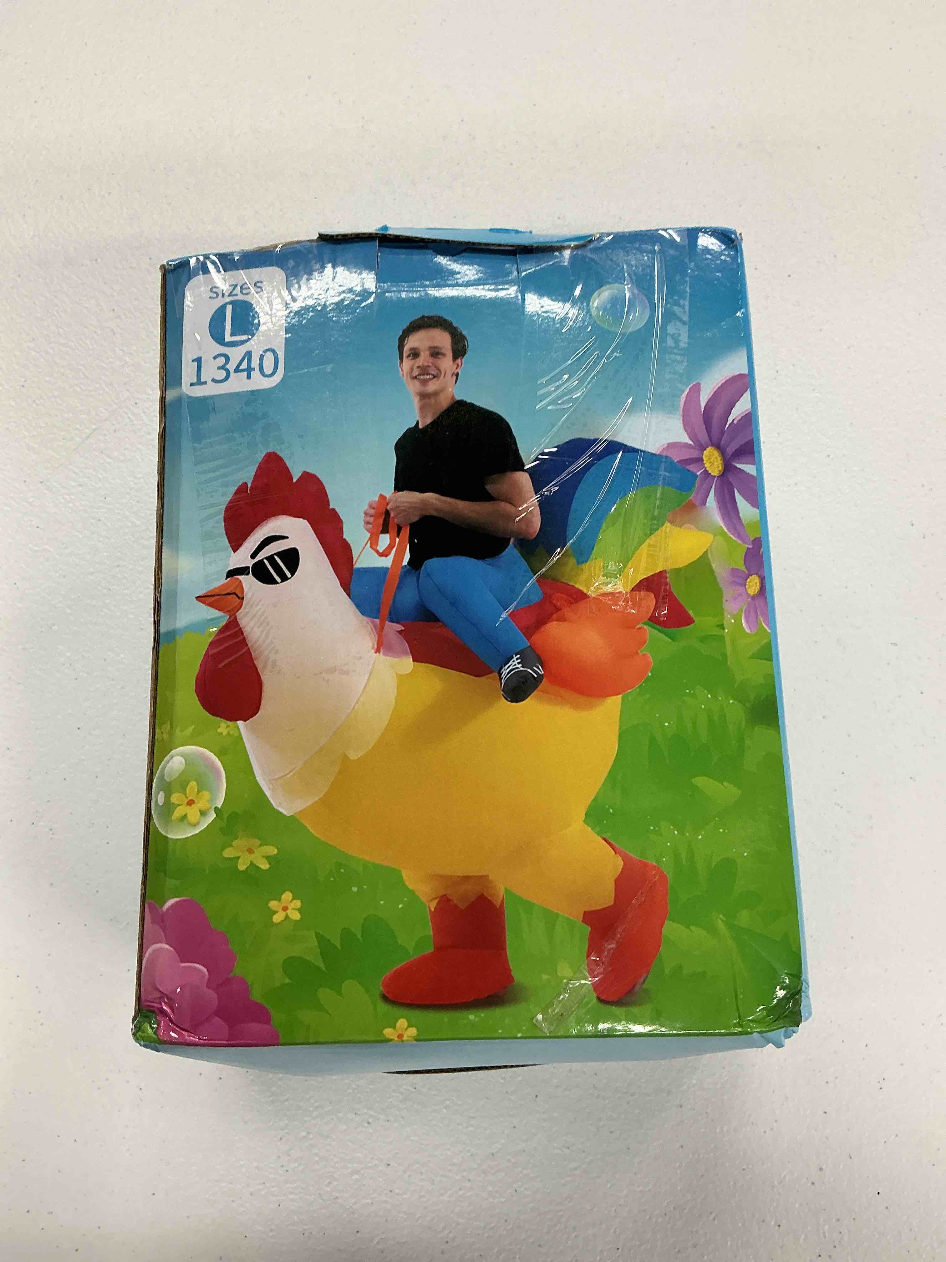 Condition photo showing Good Condition for kooy inflatable costume adult, riding chicken costume for men/women, blow up ride on rooster, funny halloween costumes adult christmas holiday party suit