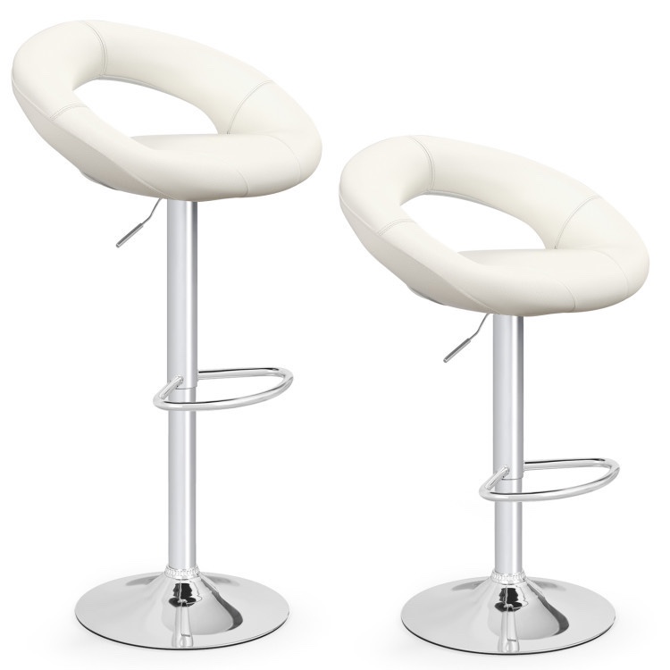 Height Adjustable Bar Stools Set of 2 with Hollow Back and Footrest WHITE 