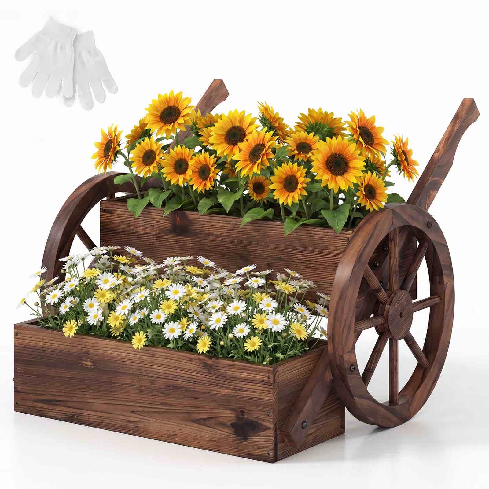 Costway 1 PCS Rustic Wood Wagon Planter2-Tier with Wheels Handles&Drainage for Patio Balcony