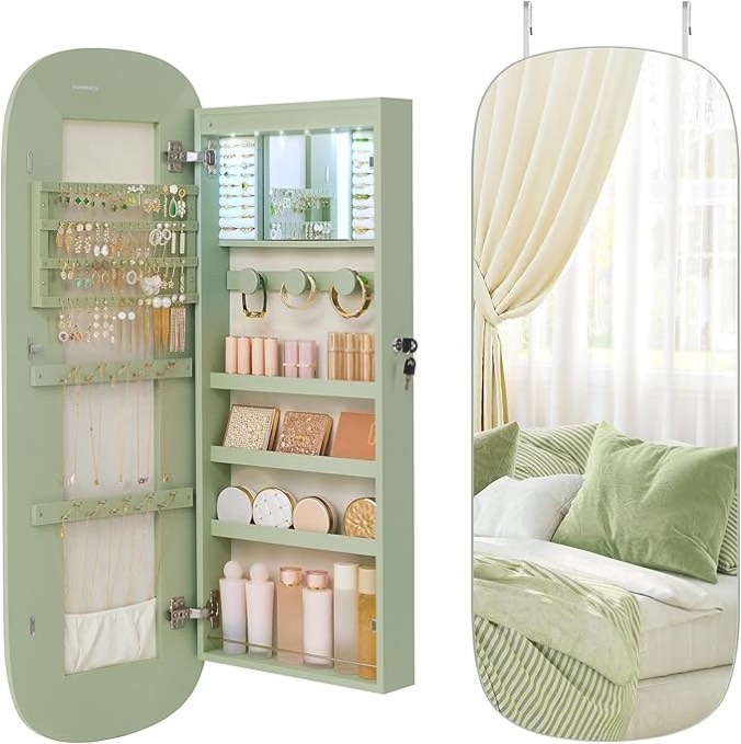 SONGMICS Jewelry Organizer, LED Jewelry Cabinet Wall/Door Mounted, Lockable Rounded Wide Mirror with Storage, Interior Mirror, 10 x 42 x 108 cm, Laurel Green Surface with Cream White Lining