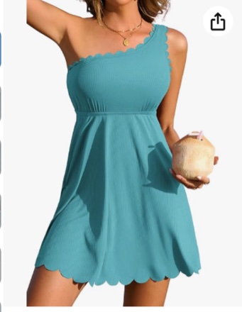 Charmo Ribbed One Shoulder Swim Dress Scalloped Tummy Control Swimsuits for Women Swimwear Built-in Side Tie and Briefs