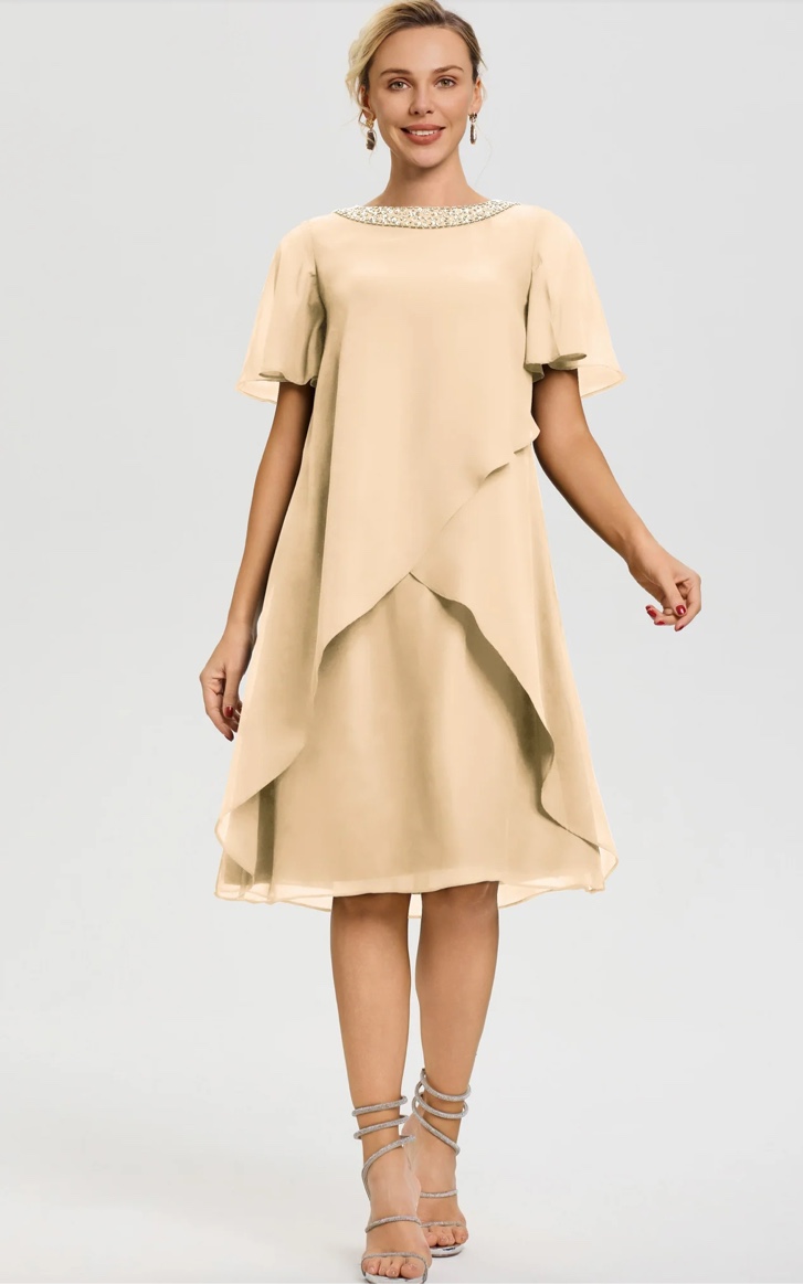 Peach Dress For Wedding Mother Of The Bride Jewel A-Line Short Sleeves Beading Knee Length Chiffon Mother Of The Bride Dress 18 W