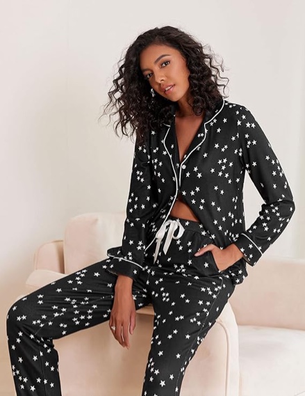 Ekouaer Women's Pajamas Long Sleeve Sleepwear Casual Button Down Loungewear Soft Pjs Set S-XXL