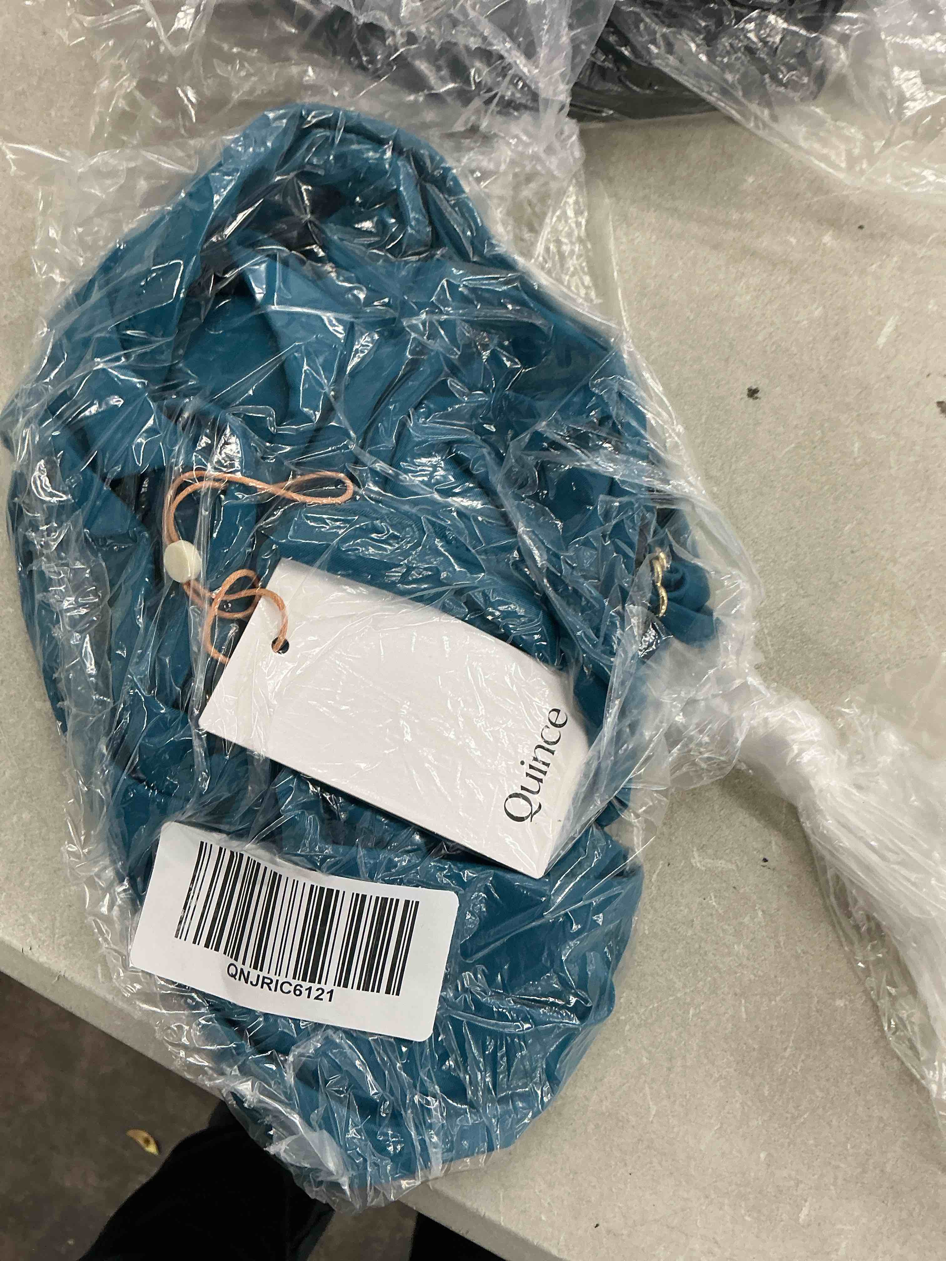 Condition photo showing New/Like New for quince italian cut out one-piece swimsuit, m, lagoon teal blue