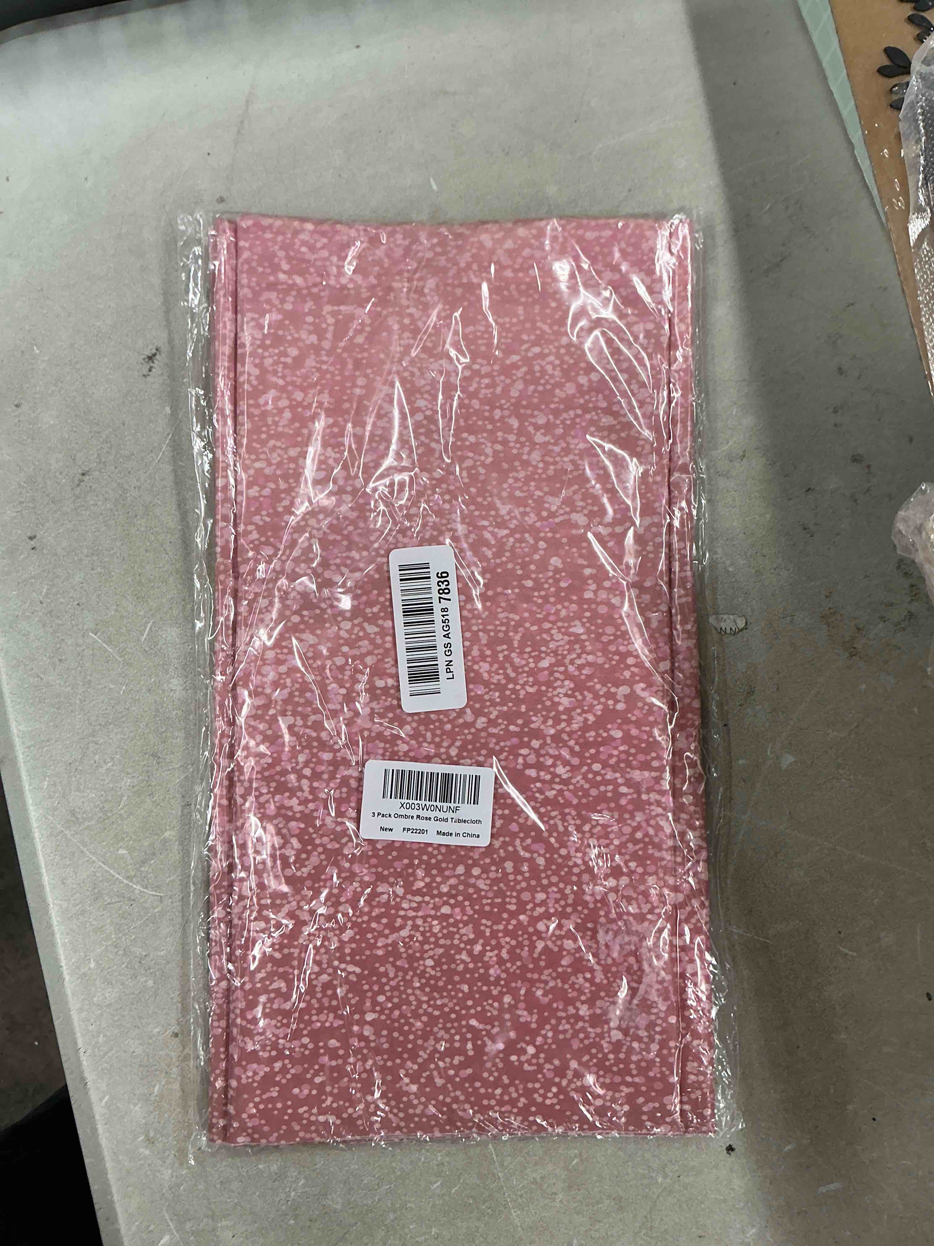 Condition photo showing Good Condition for 3 pack ombre rose gold plastic tablecloth for parties, gradient pastel rose gold disposable tablecloths for rectangle tables, light pink sprinkle table cover for wedding birthday party, 54 x 108 inch rose gold 3 pack