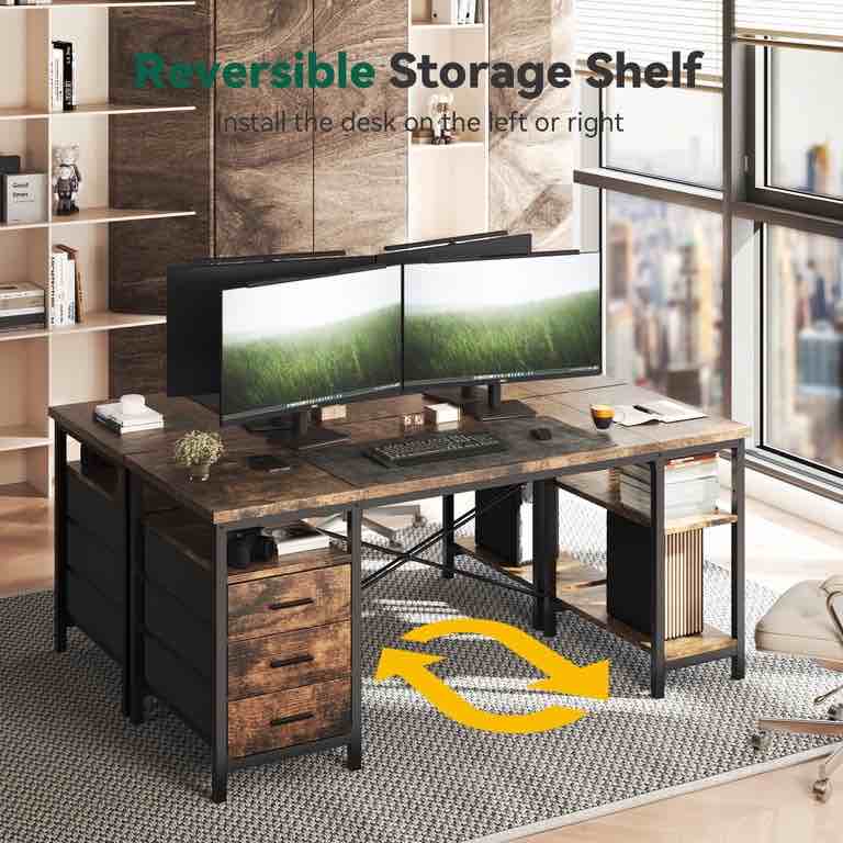 HOMRELEXA 55" Computer Desk, Home Office Desk with 3 Drawers and Storage Shelves, PC Table Desk for Bedroom, Brown